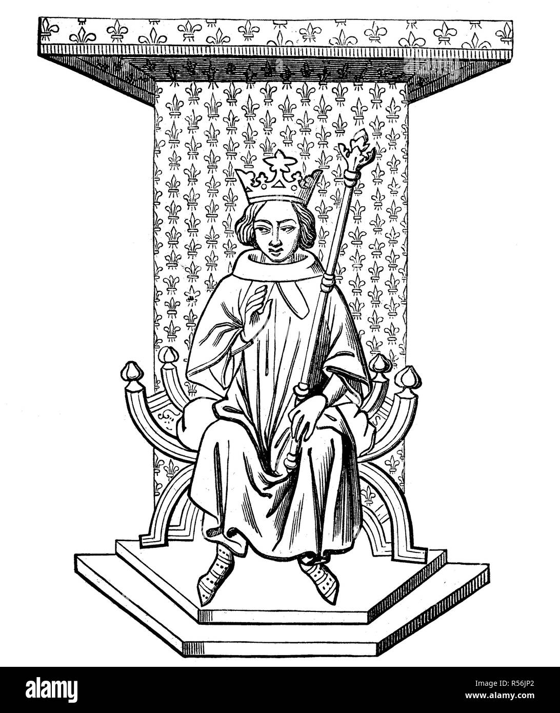 King Louis IX of France on the throne, after a miniature of the XIVth century from the National Library of Paris, woodcut Stock Photo