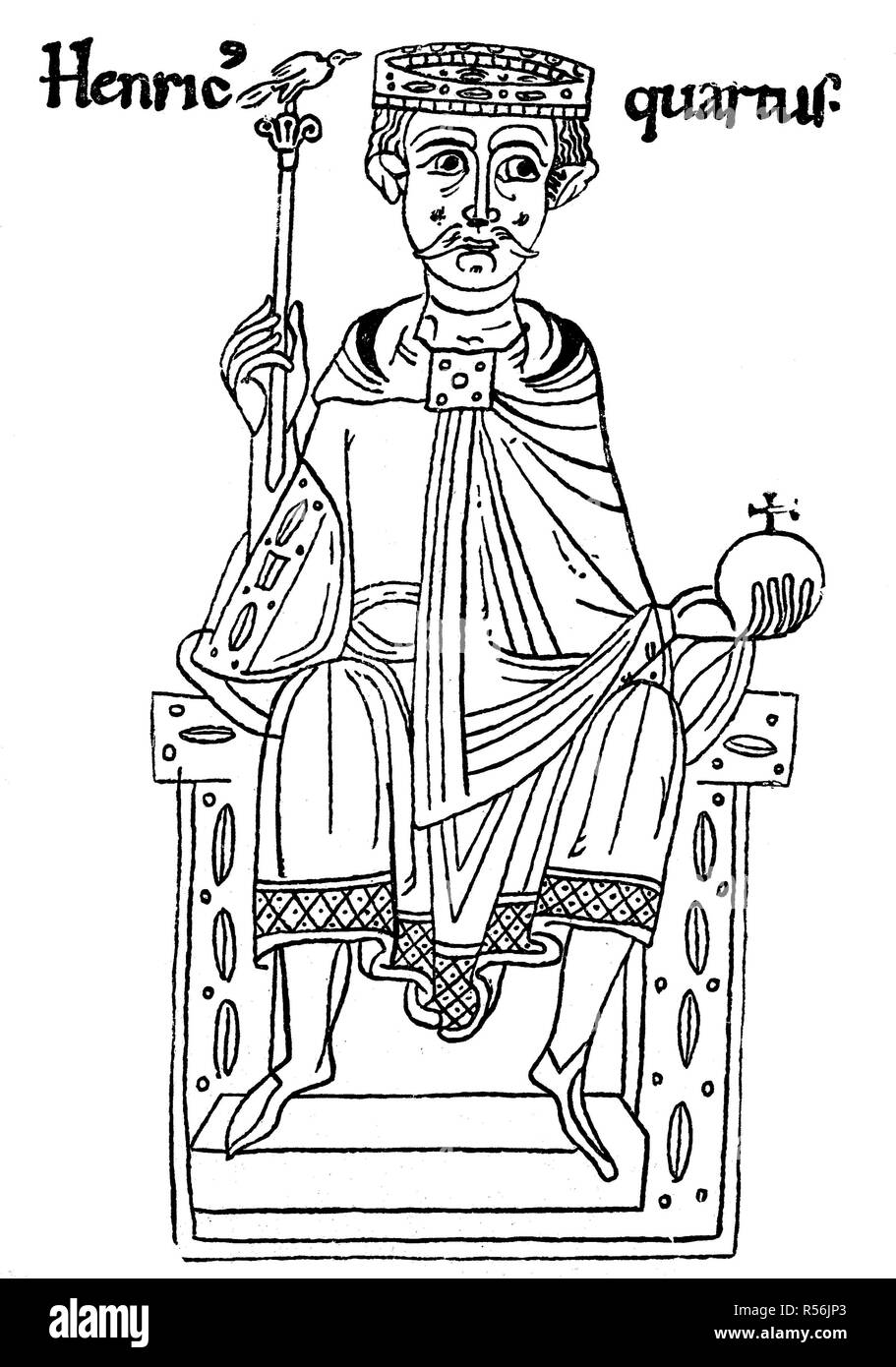 Henry IV. on the throne with crown, scepter and orb, miniature from the Emperor chronicle of the monk Ekkards of Aurach from the Stock Photo