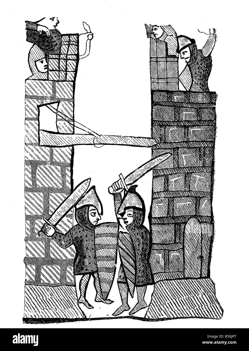 Illustration of a road and fortress battle in an Italian city, illustrations from the yearbooks of Genoa from the year 1194 Stock Photo
