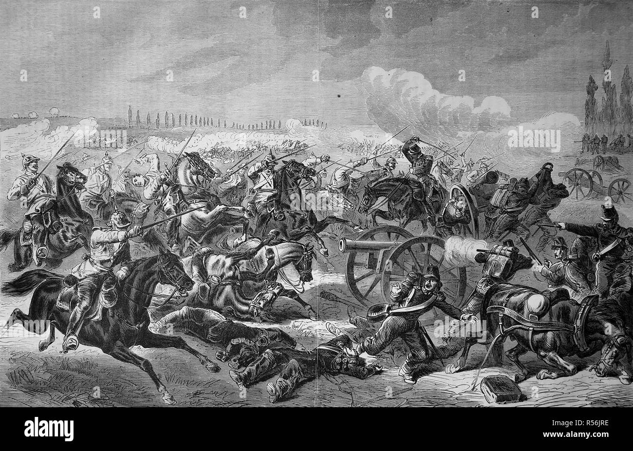 Conquest of a French artillery battery by the 7th Prussian Cuirassier Regiment at Mars-la-Tour on 16 August Stock Photo