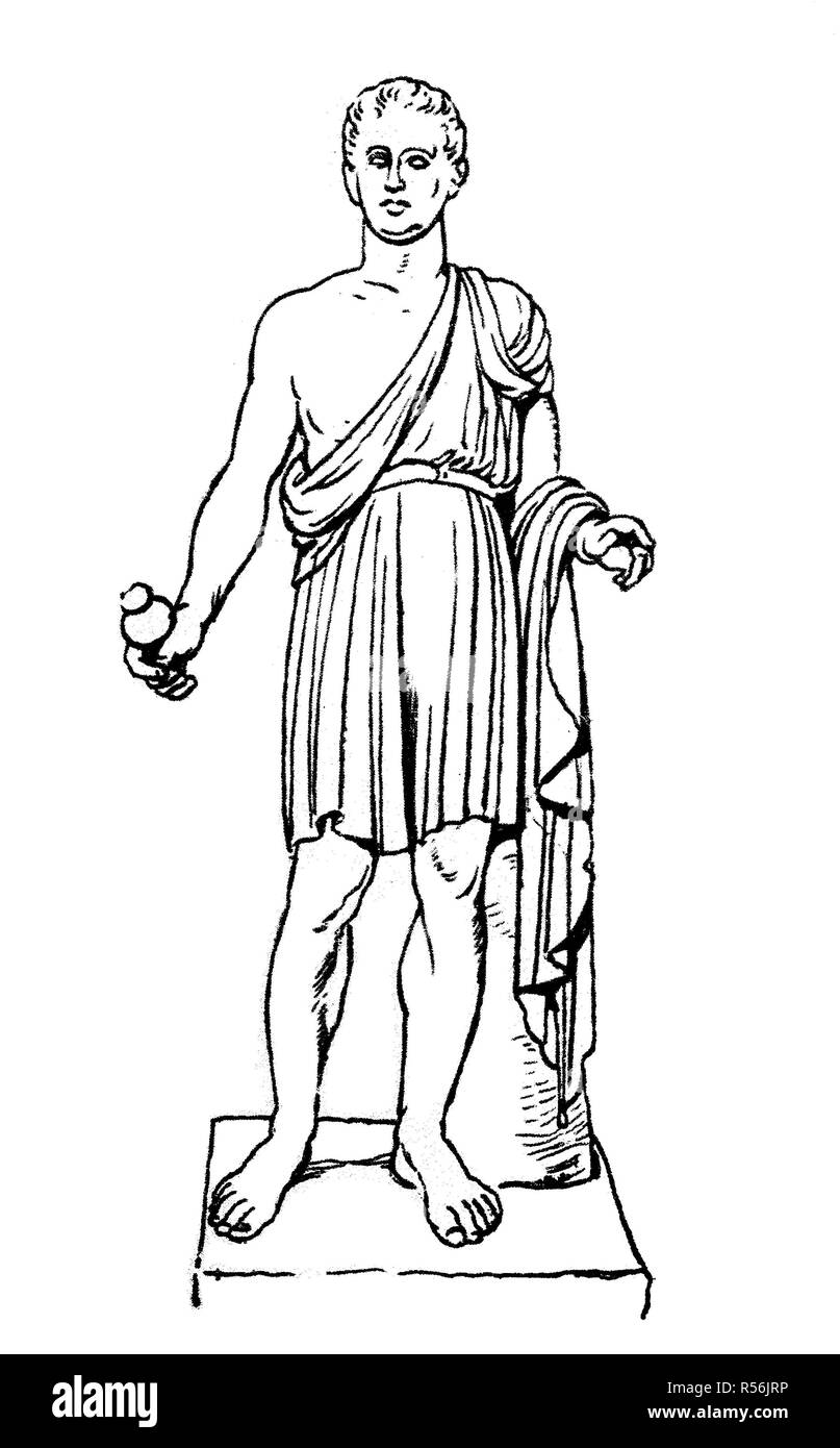Fashion, clothing in Greece, flourishing 5th-4th century BC, craftsmans costume, short chiton, pulled up on one shoulder and the Stock Photo