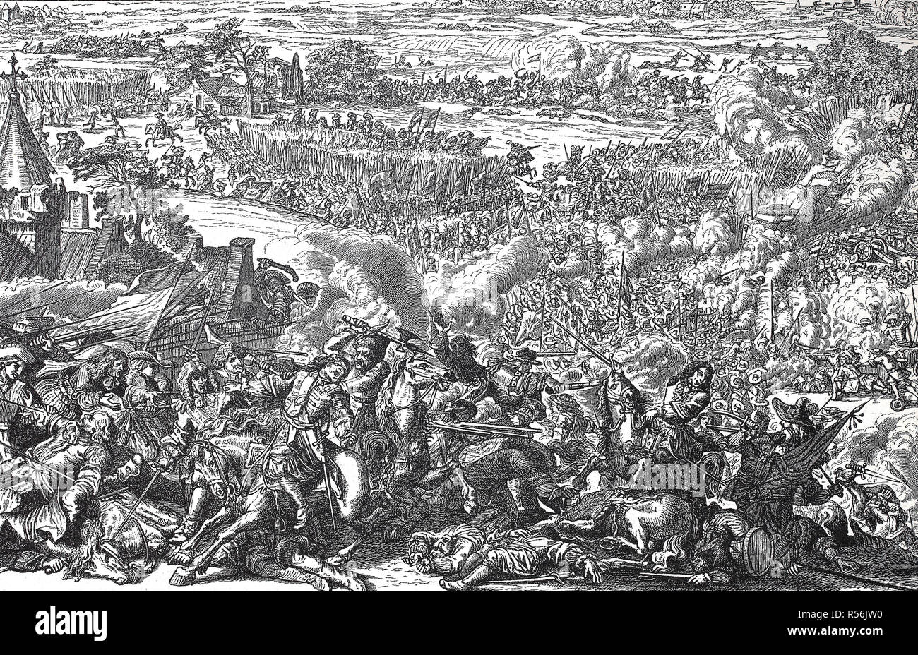 Battle of Seneffe in 1674 between French troops on one side and imperial units and imperial troops on the other side during the Stock Photo
