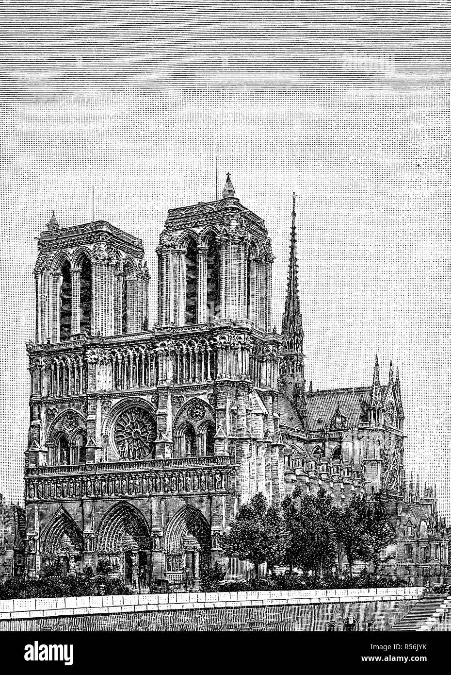 Notre Dame, Our Lady of Paris, Cathedral, Paris, 1885, woodcut