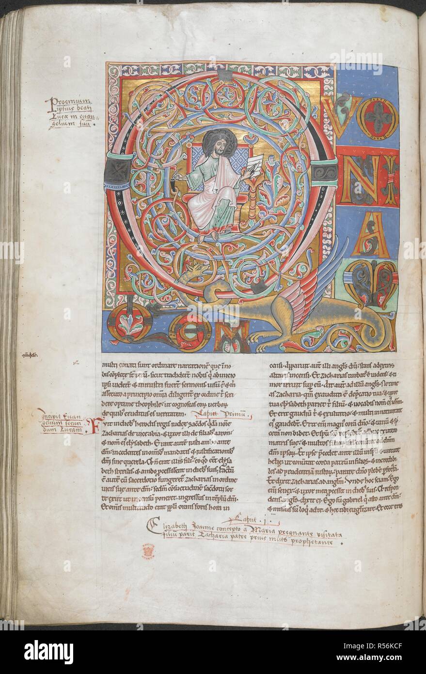 Historiated initial 'Q'(uoniam) at the beginning of Luke, with an Evangelist portrait. Bible ('The Arnstein Bible'). Germany, W. (Arnstein); c. 1172. Source: Harley 2799, f.173v. Language: Latin. Author: Lunandus. Stock Photo