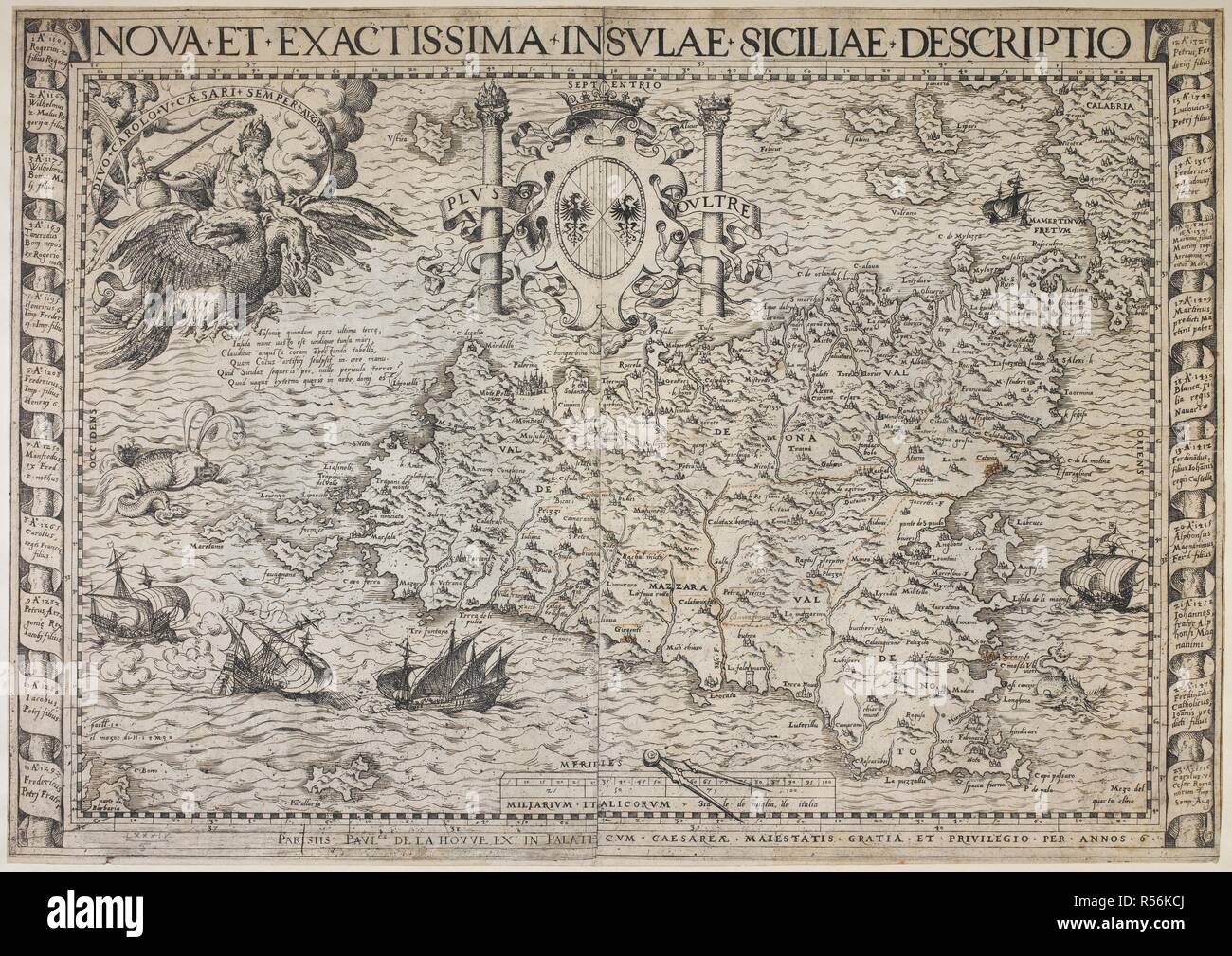 A map of the island of Sicily. Nova et exactissima insulae Siciliae descriptio ... Parisiis, [1610?]. Source: Maps K.Top.84.5. Language: Latin. Author: Houe, Paul de la. Stock Photo