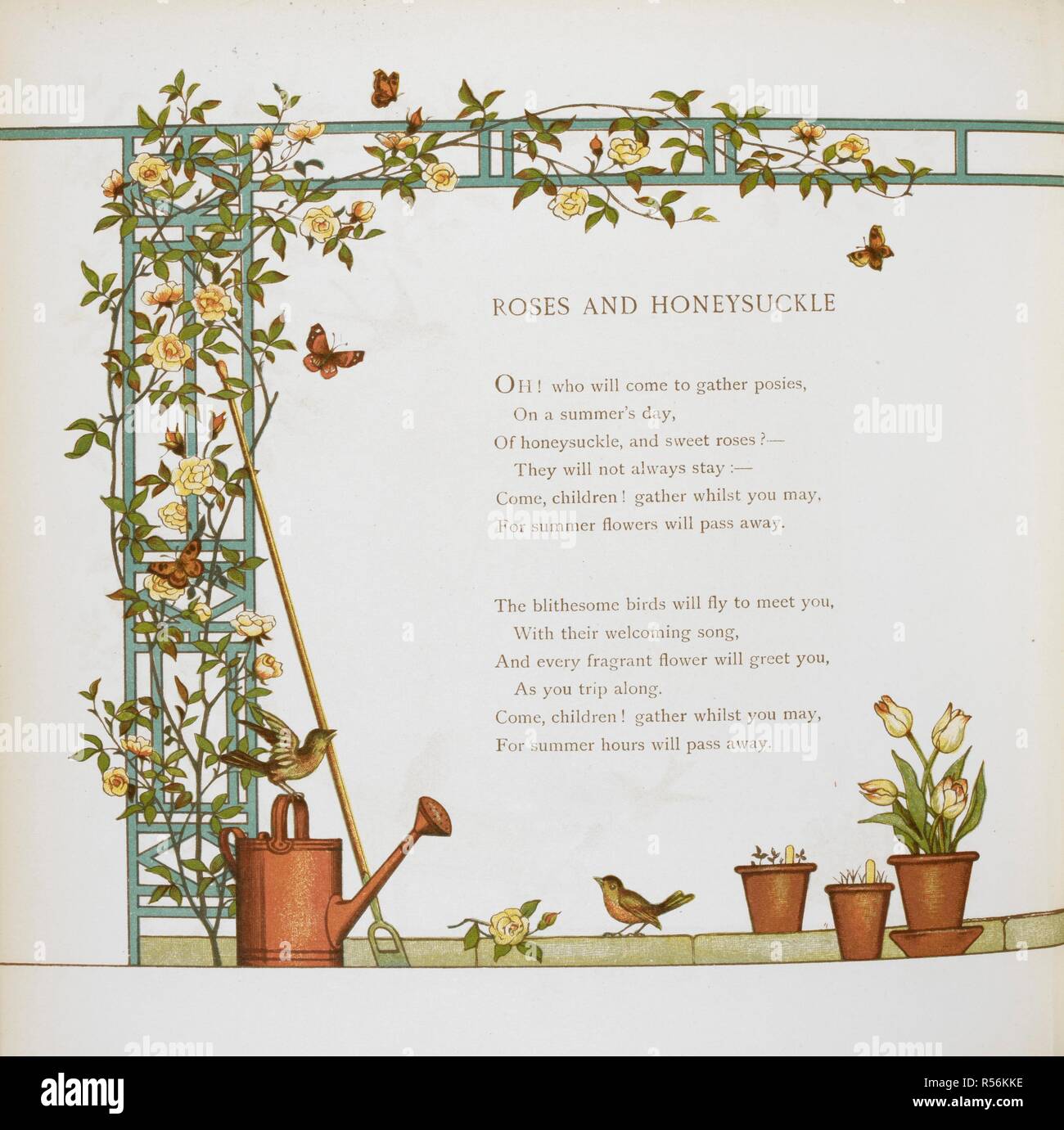 'Roses and Honeysuckle'. Roses entwined around a wooden frame. Below, a watering can, a hoe and flowers in pots. At Home again. Verses. [Illustrated by] J. G. Sowerby and T. Crane. London : Marcus Ward & Co., [1886]. Source: 12806.t.30, page 16. Language: English. Author: Sowerby, John: Crane, T. Stock Photo