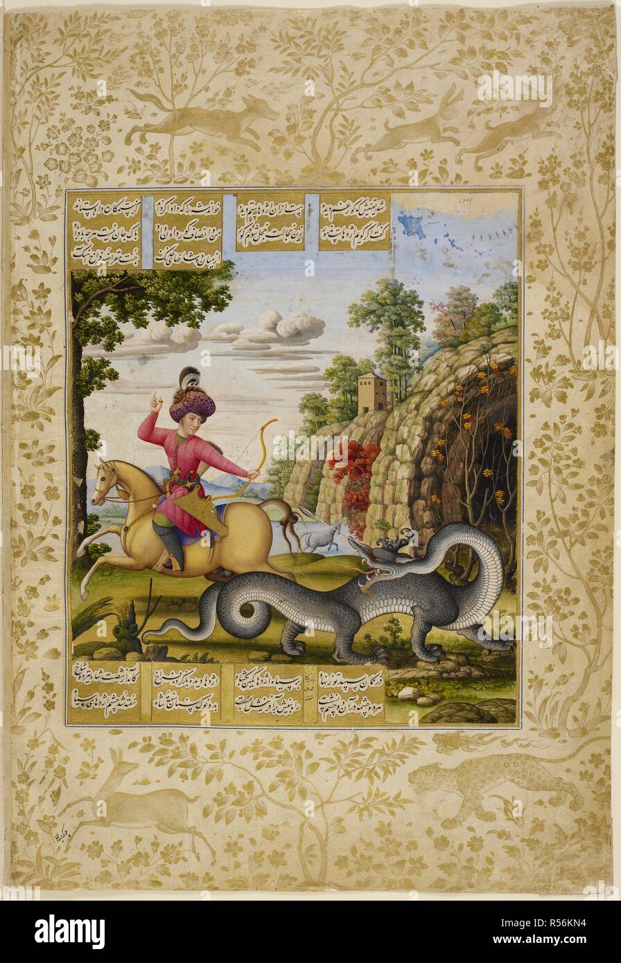 Bahram Gur slays a dragon. Khamsa. Mazamdaran, Northern Iran, 1675. Bahram Gur killing a dragon. A miniature painting from a seventeenth century additon to a sixteenth century manuscript.  Image taken from Khamsa.  Originally published/produced in Mazamdaran, Northern Iran, 1675. . Source: Or. 2265, f.203v. Language: Persian. Author: NIZAMI. MUHAMMAD ZAMAN. Stock Photo
