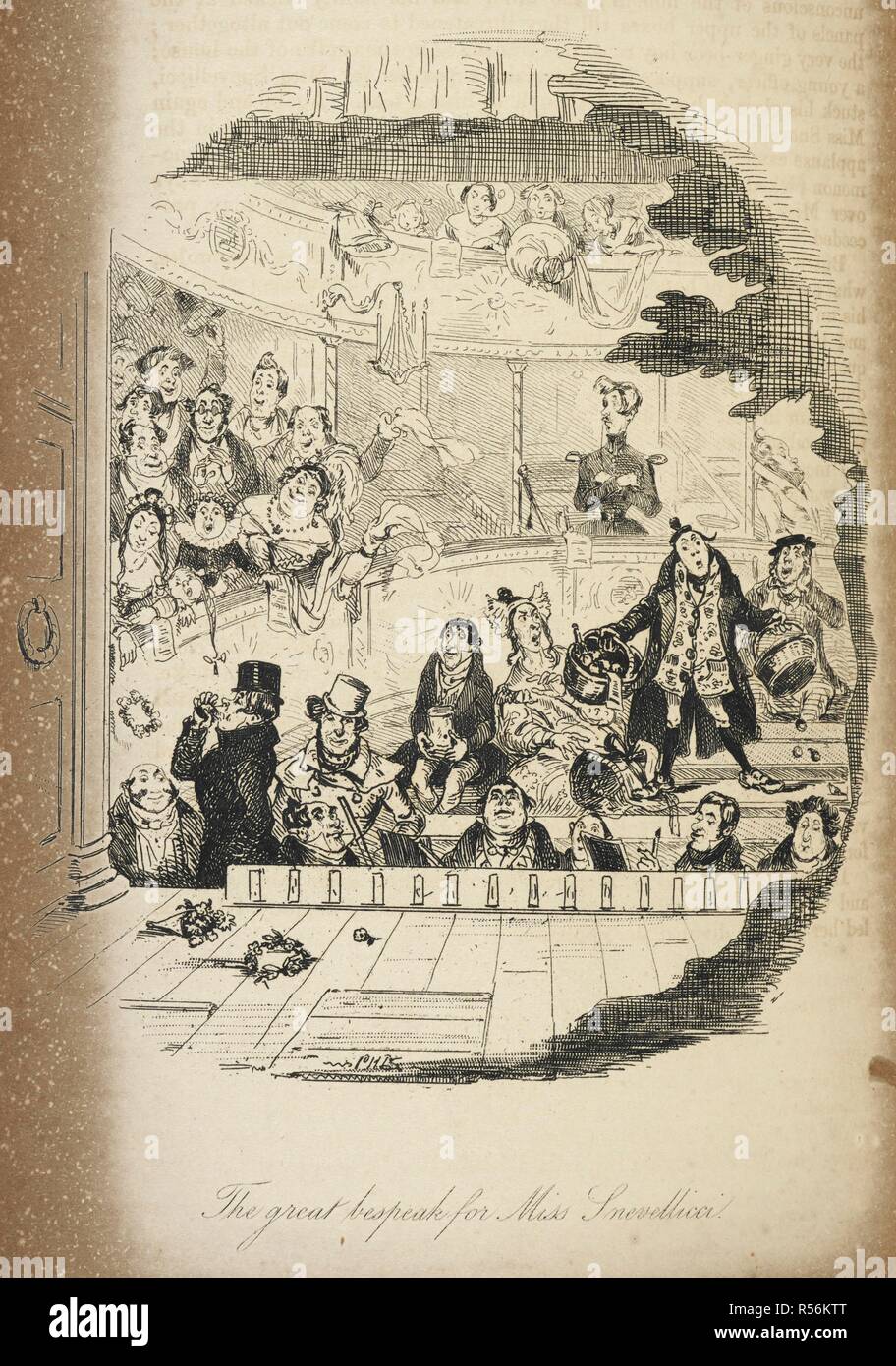 Illustration with the title 'the great bespeak of for Mr Snevellicci. A scene inside a theatre. The life and adventures of Nicholas Nickleby ... With illustrations by Phiz [and a portrait of the author by D. Maclise]. London: Chapman & Hall, 1839 [1838, 39]. Source: C.58.i.4 plate facing page 237. Language: English. Author: DICKENS, CHARLES. Hablot Knight Browne Phiz. Stock Photo