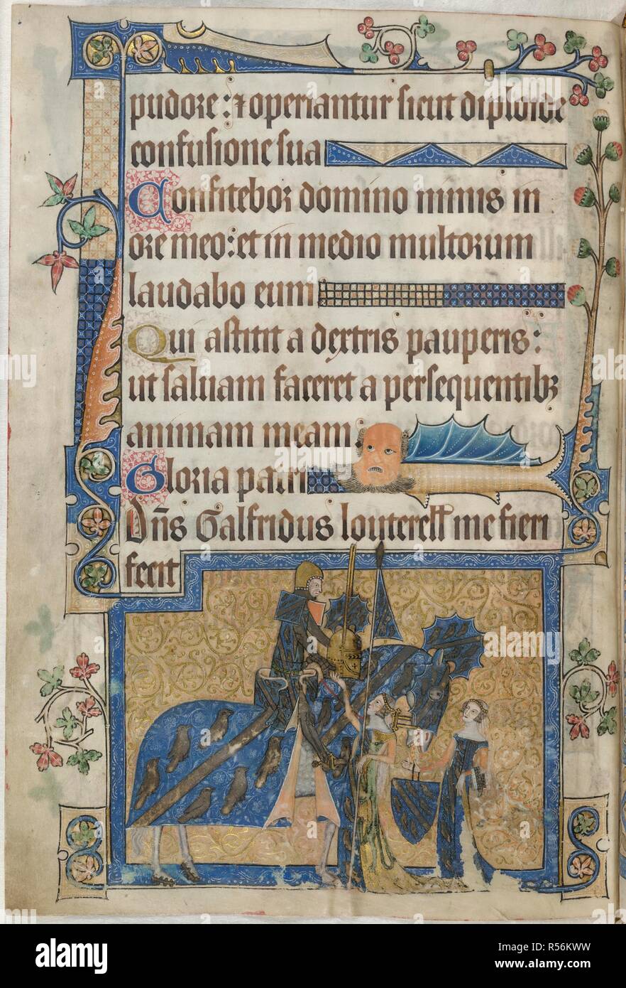 [Whole folio] End of Psalm 108. Marginal decoration. Below, Sir Geoffrey Luttrell mounted, attended by his wife, Agnes Sutton, with his helm and lance, and his daughter-in-law, Beatrice Scrope, who holds his shield. Both are dressed in heraldic gowns. Sir Geoffrey is shown wearing armour, including gilt bascinet without visor, silver mail with plates on the elbow, plated gauntlets, and gilt rowelled spurs. The Luttrell arms appear on his large square ailettes, his surcoat, the fan-crest of his helm, the pennon of his lance, his shield, and the trappings on his horse. Luttrell Psalter. England  Stock Photo