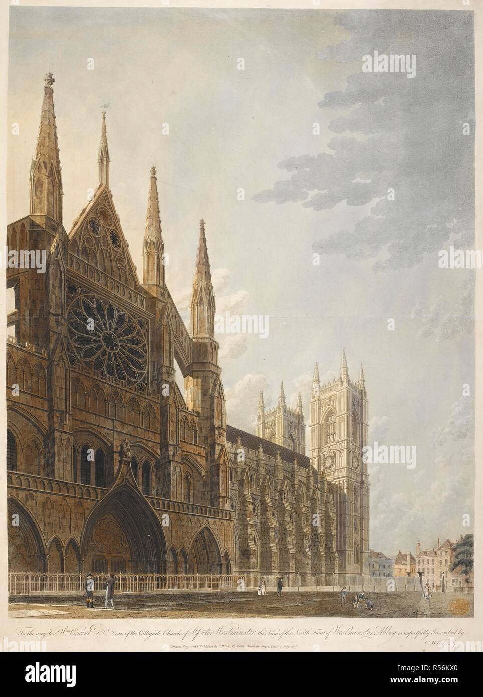 A view of the north entrance of Westminster Abbey; the west towers in the middle distance to the left; figures in front of the entrance including a group of boys playing a game, two gentlemen studying the Abbey and a maid carrying two buckets. To the very Revd. Vincent DL, Dean of the Collegiate Church of St Peter Westminster, : this View of the North Front of Westminster Abbey is respectfully inscribed by C. Wild. [London] : Drawn, Engraved & Published by C. Wild, No1 Little Charlotte Street, Pimlico, July 1805. Aquatint and etching with hand-colouring. Source: Maps K.Top.24.4.o. Language: En Stock Photo