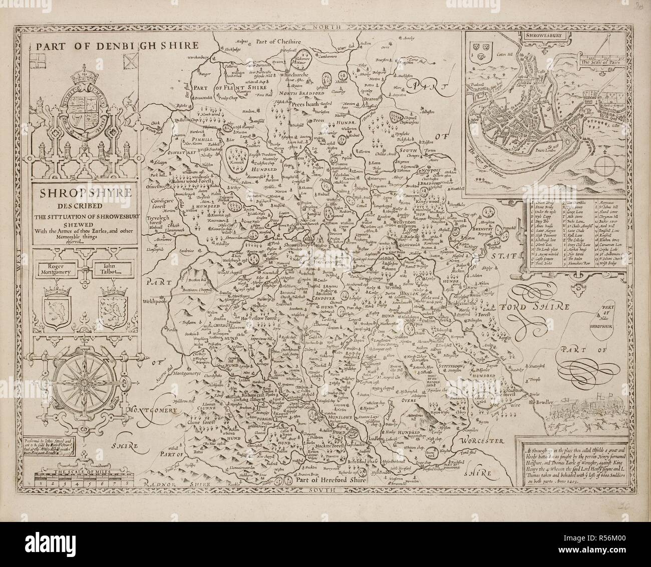 A map of Shropshyre, or the county of Shropshire. . A collection of 37 Maps of the counties of England. London. H. Overton, 1714. A collection of 37 Maps of the counties of England, being reprints, of J. Speedâ€™s maps, by Henry Overton, together with those of P. Stent reprinted by John Overton, and maps of Derbyshire and Yorkshire engraved by S. Nicholls. Source: Maps.145.c.9 20. Language: English. Stock Photo