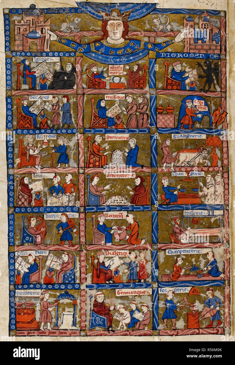 Twenty-one scenes representing the arts and sciences. Le livre du TrÃ©sor. Late 13th century. Source: Add. 30024, f.1v. Language: French. Author: LATINI, BRUNETTO. Stock Photo