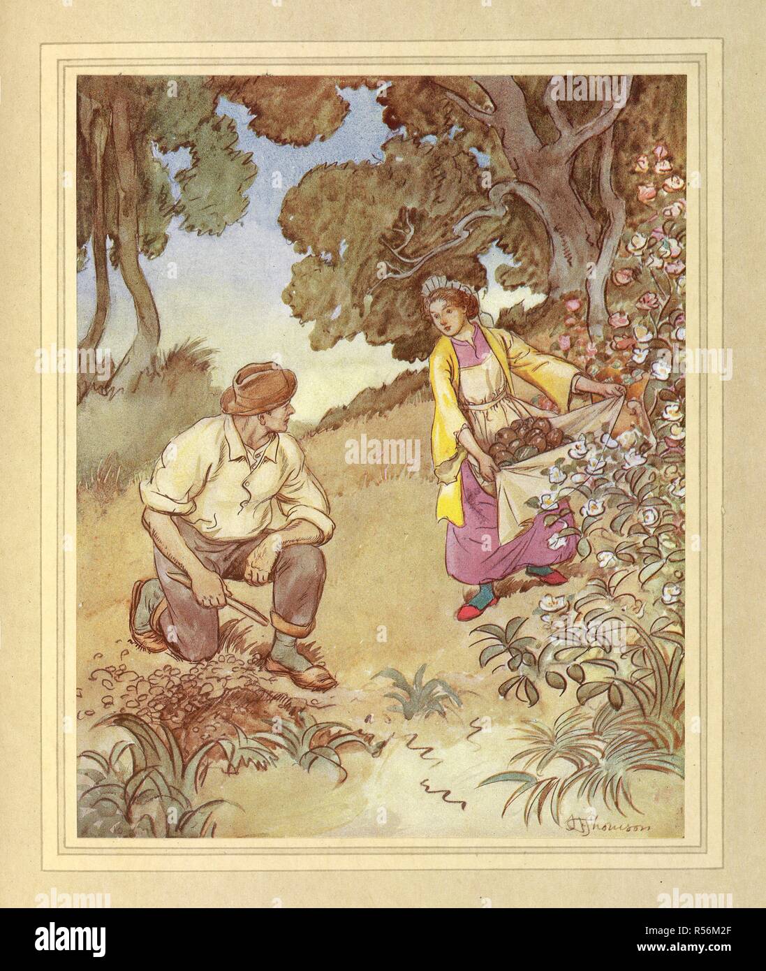 On the island. A man digging a hole, a woman collecting fruit. The Admirable Crichton ... Illustrated by Hugh Thomson. Hodder & Stoughton: London, [1914.]. Source: K.T.C.102.b.3, page 80. Language: English. Stock Photo