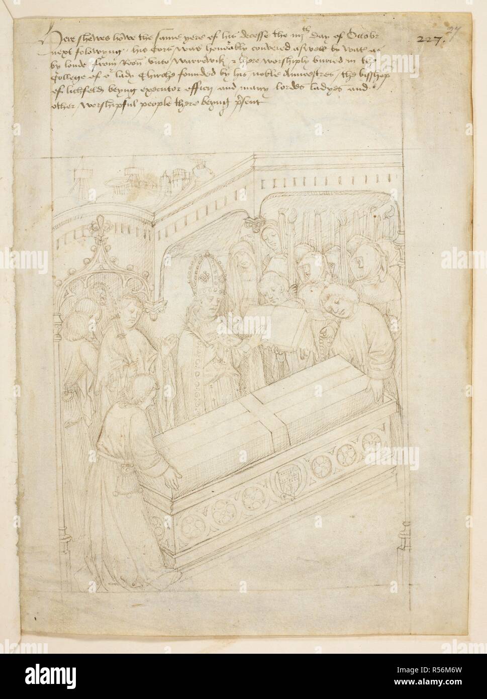 Richard Beauchamp, Earl of Warwick, being buried in his coffin, in St. Mary's church, Warwick. The Bishop of Lichfield conducts the funeral ceremony. Beauchamp pageants. S. Netherlands [Bruges?]; after 1483. Source: Cotton Julius E. IV art.6 f.27. Stock Photo