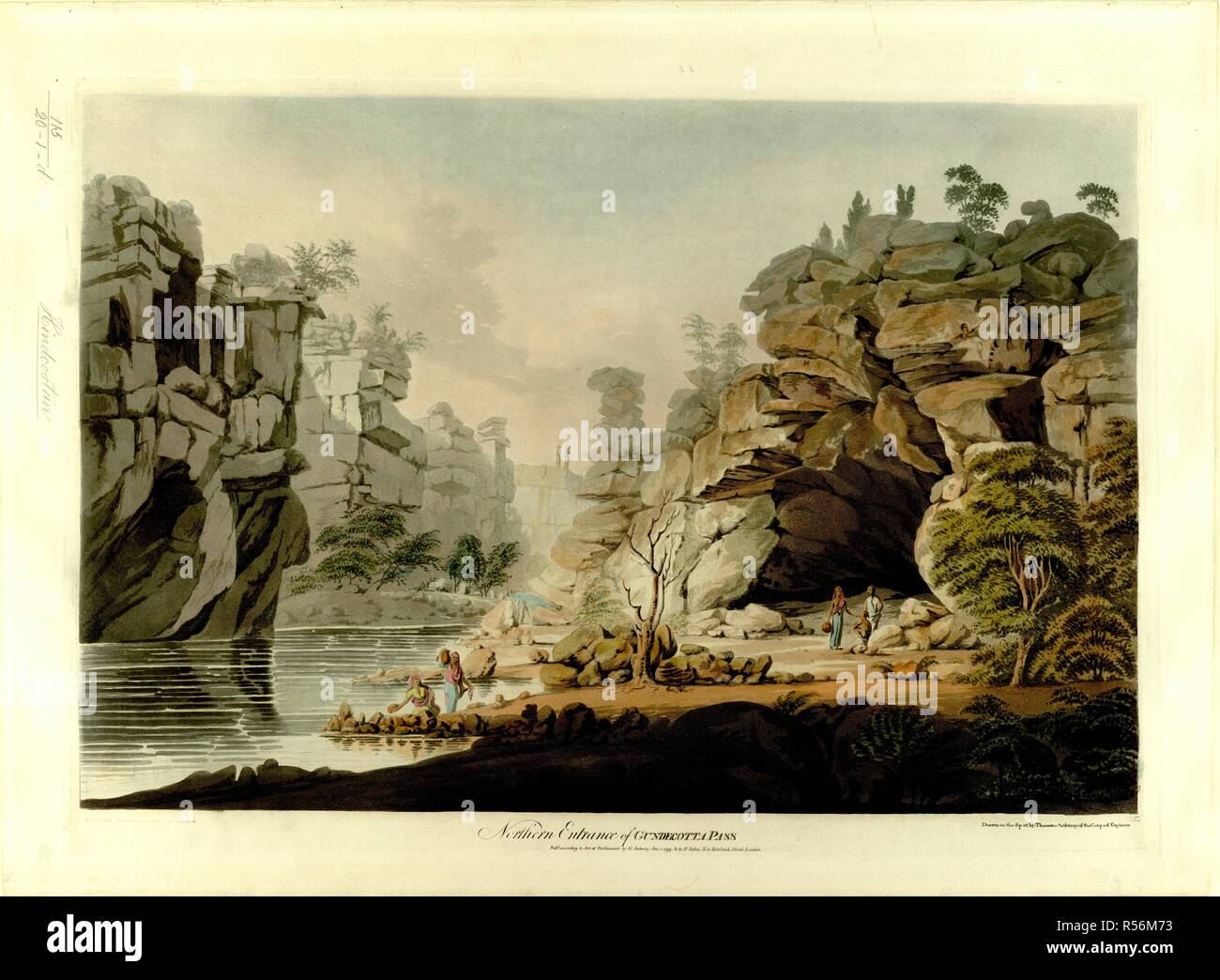 Gandikotta Pass, on the Pennar River; women by a body of water; figures by a cave on the right; rocks and cliffs on either side; the points of a minaret in the distance. Northern Entrance of GUNDECOTTA PASS. [London] ; [Bengal] : Published according to Act of Parliament Jan 1st 1799 by Thos. Anburey Bengal & by F. Jukes, Howland Street London, [January 1 1799]. Source: Maps K.Top.115.20.1.d. Language: English. Stock Photo