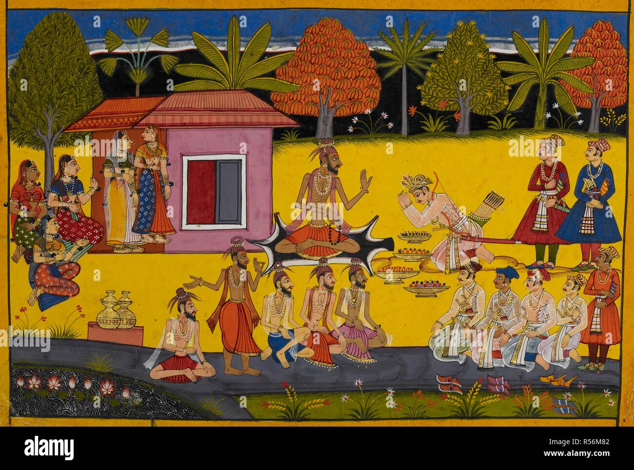 On his way to confront the demon Lavana, Shatrughana rests at the hermitage of Valmiki. Ramayana. Udaipur, 1653.    . Source: Add. 15297(2), f.84. Language: Sanskrit. Stock Photo