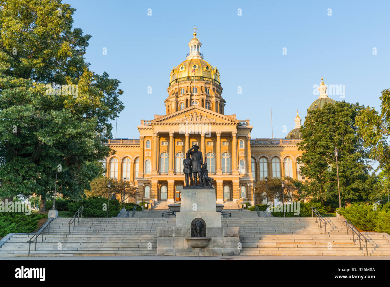 DES MOINES, IA - JULY 11, 2018: Facade of the Iowa State Capitol Building in Des Moines, Iowa Stock Photo