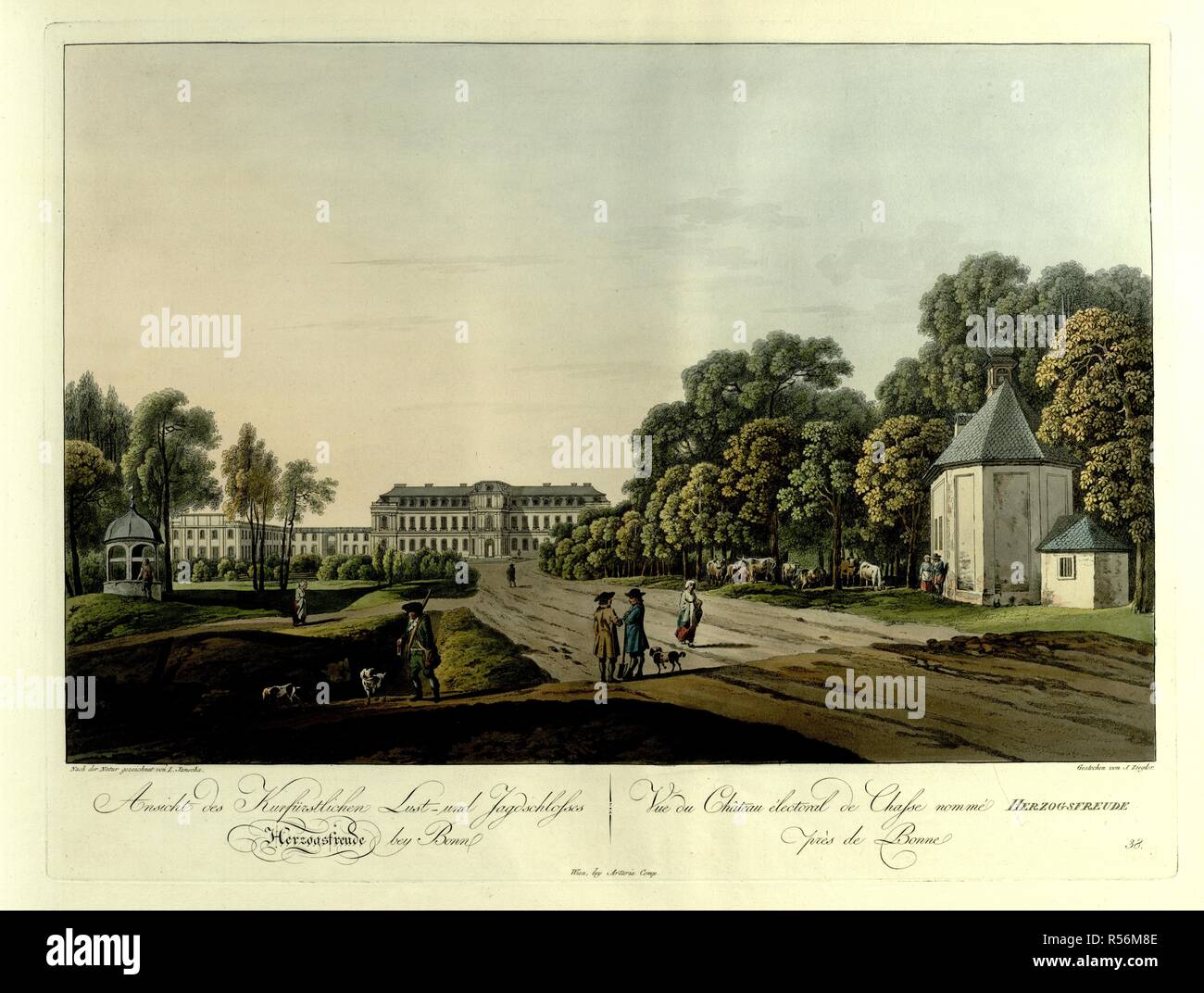 A huntsman and his two hounds walk on a road near two gardeners standing in the foreground. A woman talking to a shepherd looking after a herd of cows beyond on the right, and a view of the hunting lodge of the Elector of Cologne and its surrounding grounds, or Kottenforst. Ansicht des KurfÃ¼rstlichen Lust und Jagdschlosses Herzogsfreude bey Bonn = Vue du ChÃ¢teau Ã©lectoral de Chasse nommÃ© HERZOGSFREUDE prÃ¨s de Bonne. Wien : bey Artaria Comp., [1798]. hand-coloured etching. Source: Maps 6.Tab.12, plate 43. Language: German and French. Author: Ziegler, J. Stock Photo