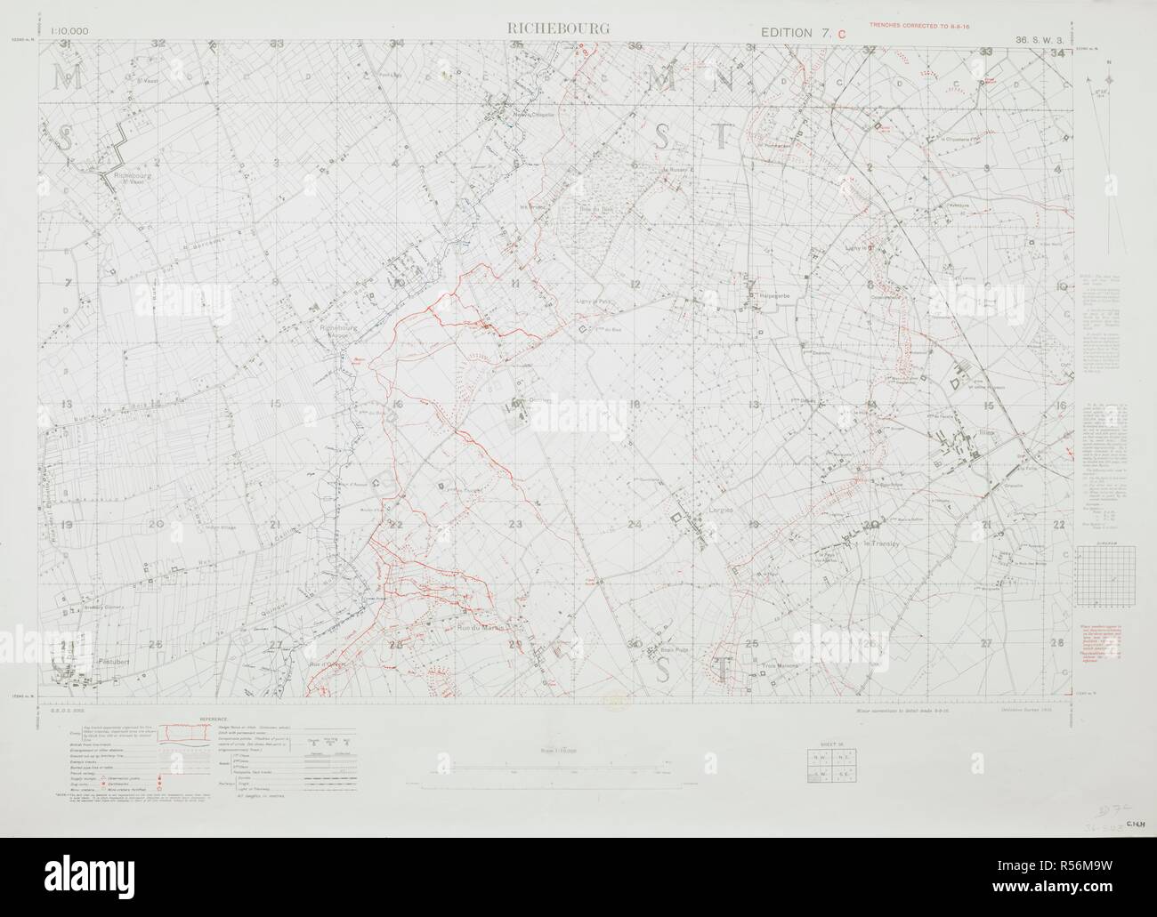 Richebourg, France. In red, 'trenches corrected to 8 August 1916.' A map of the First World War. Trench Maps [of the Battle Front in France and Belgium, showing trenches, wire entanglement, etc. With a Glossary printed on the back of the sheets]. Scale, 1: 10,000. London, 1916. 800 x 505 mm.; Scale 1: 10 000. Source: Maps.c.14.h. 36 SW 3, edition 7c. Stock Photo