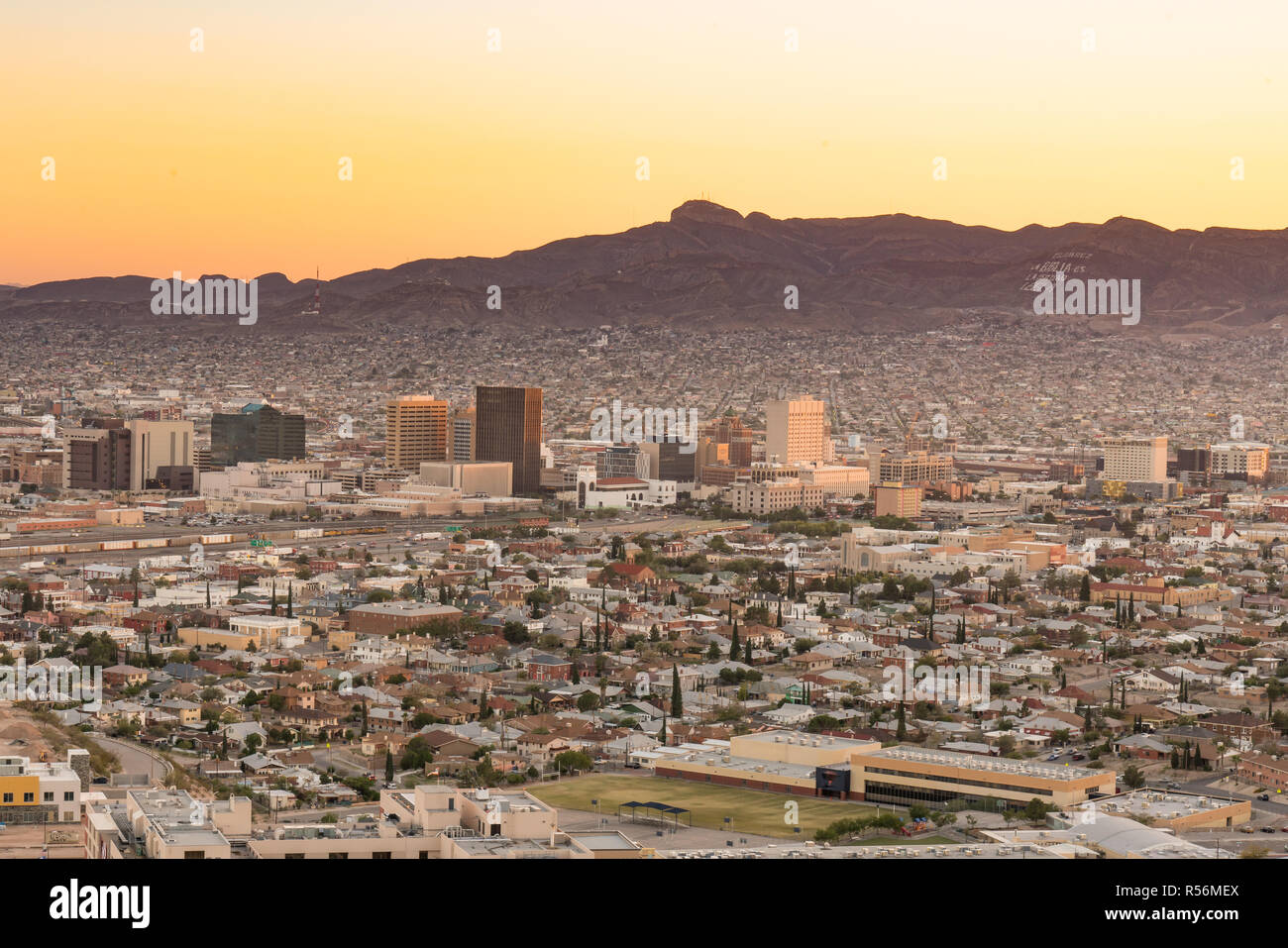 Skyline of El Paso, Texas at sunset Stock Photo