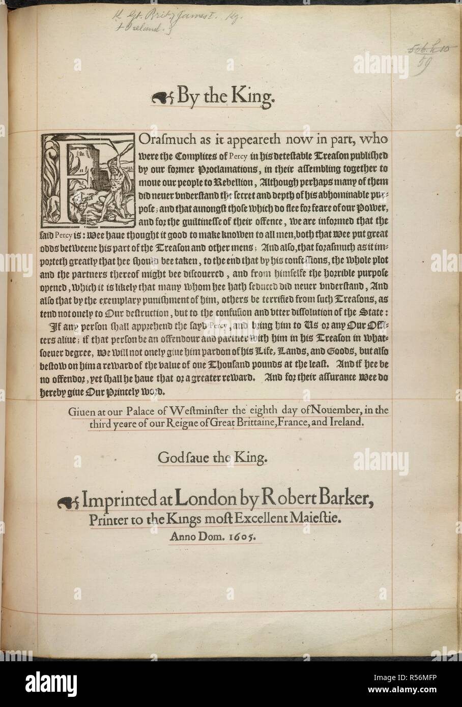 A Proclamation of 1605. By the King. [A Proclamation offering a reward of. R. Barker: London, 1605. A Proclamation offering a reward of Â£1000 for the apprehension of Thomas Percy, the Gunpowder Plot conspirator, 8 Nov. 1605.  Image taken from By the King. [A Proclamation offering a reward of Â£1000 for the apprehension of Thomas Percy. 8 Nov. 1605.]  Originally published/produced in R. Barker: London, 1605. . Source: C.112.h.1.(59),. Language: English. Stock Photo