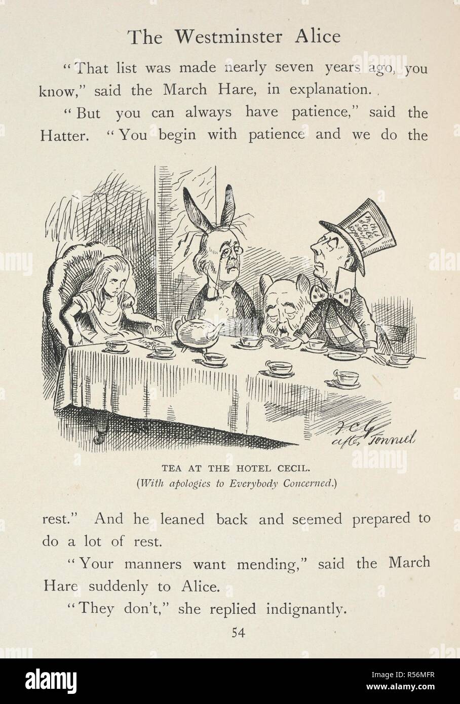 Alice has tea at the Hotel Cecil.  The Mad Hatter's tea party. Joseph Chamberlain is represented as the Mad Hatter;  Arthur Balfour is the March Hare, and Robert Cecil is the Dormouse.  . The Westminster Alice ... Illustrated by F. Carruthers Gould. London : Westminster Gazette, 1902. Source: 12332.ff.15 page 54. Author: SAKI. GOULD, FRANCIS CARRUTHERS. Stock Photo