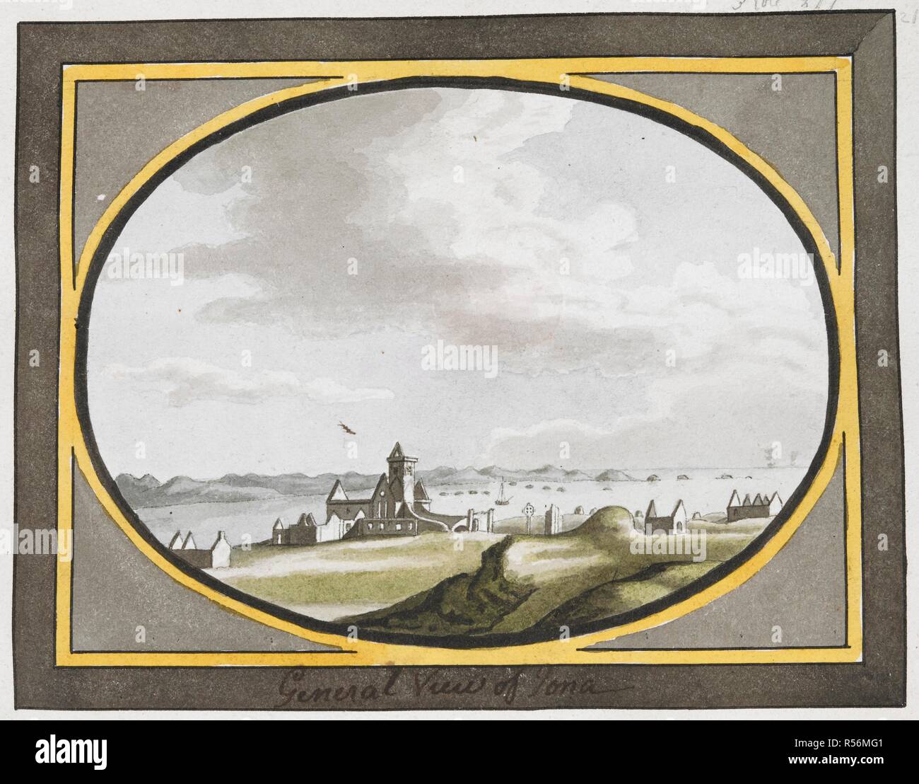 A view of the Island of Iona or Icolmkill. A colored general view of the Island of Iona or Icolmkill. ca. 1750-1800. Source: Maps K.Top.49.37.2.a. Language: English. Stock Photo
