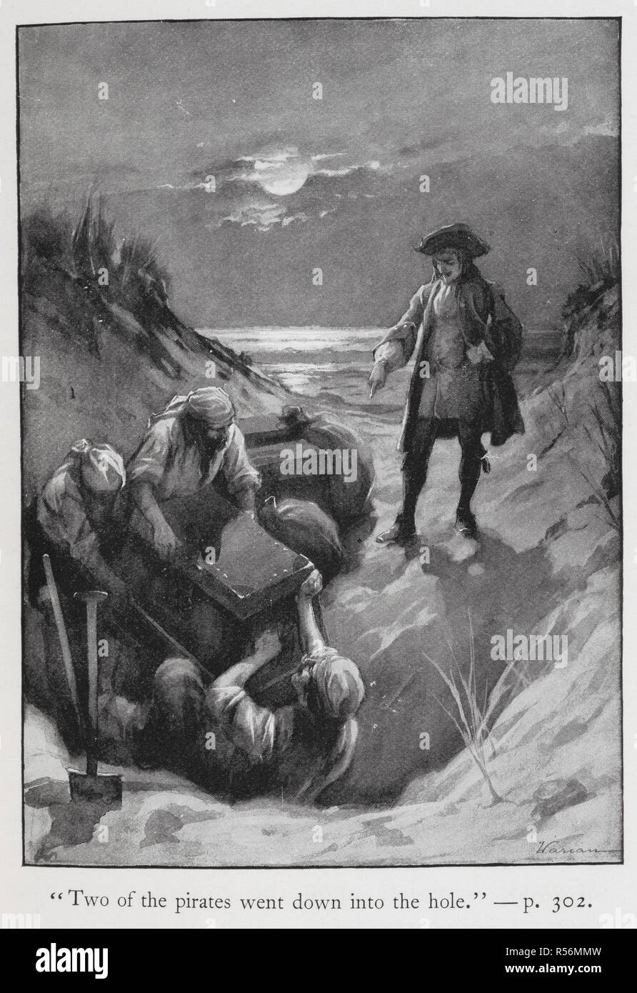 'Two of the pirates went down into the hole'. Illustration showing pirates burying treasure under the direction of their captain. Buccaneers and Pirates of our Coasts ... New York, 1898. Source: 9770.aa.8, page 302. Author: Stockton, Frank Richard. Varian, G. Stock Photo