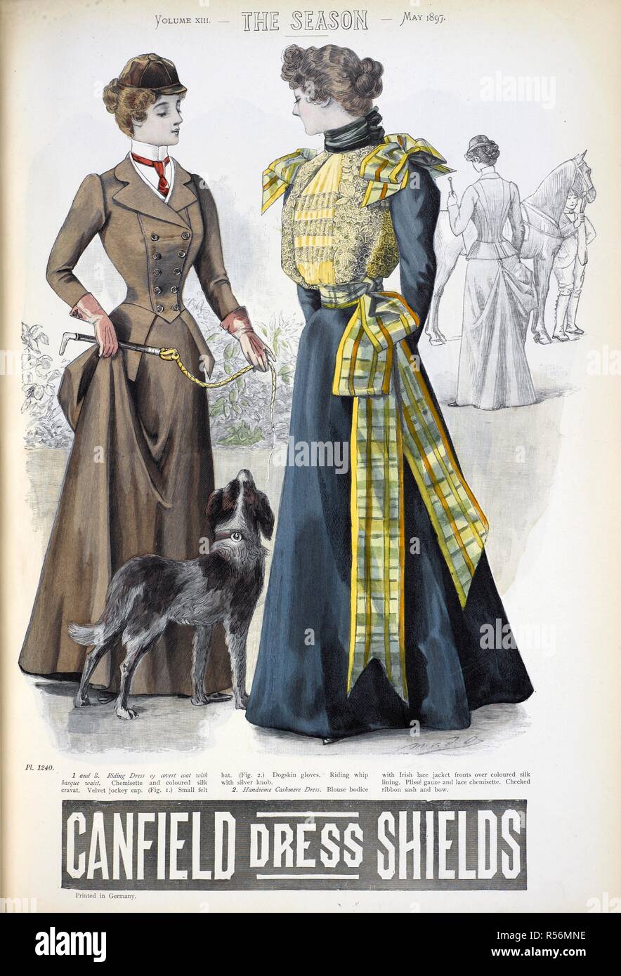 Left figure: Riding dress of covert coat with basque waist; Chemisette and coloured silk cravat; Velvet jockey cap; dogskin gloves; and, riding whip with silver knob. Right figure: Handsome cashmere dress. Blouse bodice with Irish lace jacket fronts over coloured silk lining. PlizzÃ© gauze and lace chemisette. Checked ribbon sash and bow. . The Season : Lady's illustrated magazine. London, England : 1897. Source: The Season: Lady's illustrated magazine. vol.XIII. Pl.1240. Stock Photo