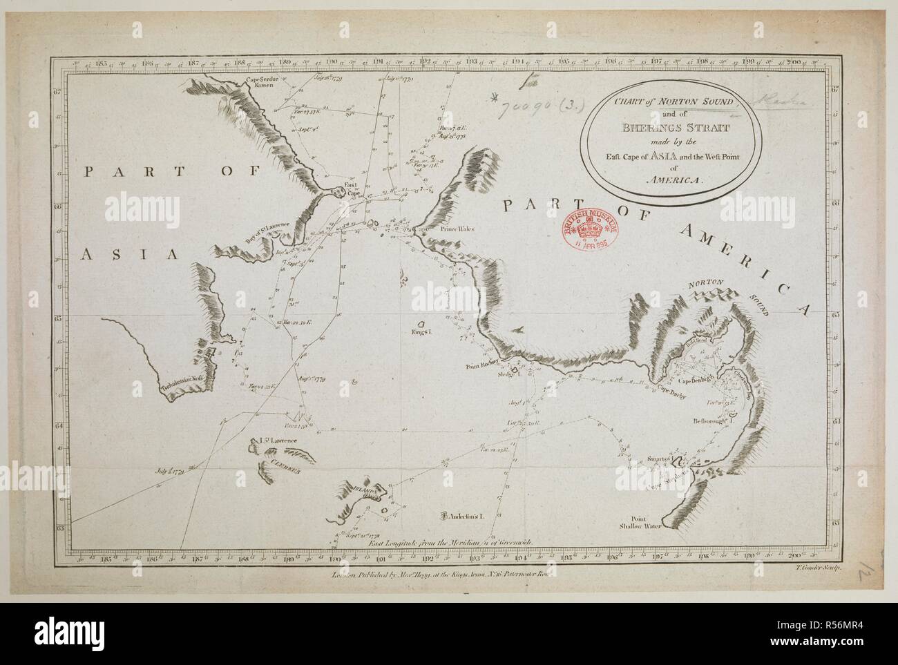 A chart of Norton Sound and the Bering Strait . Chart of Norton Sound and of Bherings [sic] Strait ... London, [1780?]. Source: Maps * 70090.(3.). Language: English. Stock Photo