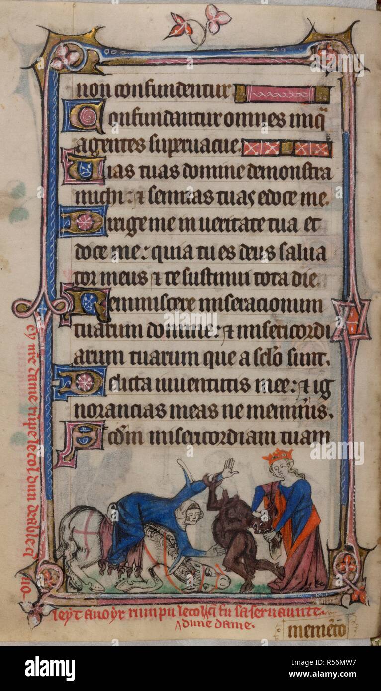 Bas-de-page scene of a woman falling from her horse, which stumbles, and the devil catching her wrist, but the Virgin Mary breaks the devilâ€™s neck, with a caption reading, â€˜Cy n[ost]re dame ru[m]pe le col dun deable q[ue] voleyt avoyt rumpu le col dune dame q[ue] fu sa servaunteâ€™ . Book of Hours, Use of Sarum ('The Taymouth Hours'). England, S. E.? (London?); 2nd quarter of the 14th century. Source: Yates Thompson 13, f.166v. Language: Latin and French. Stock Photo