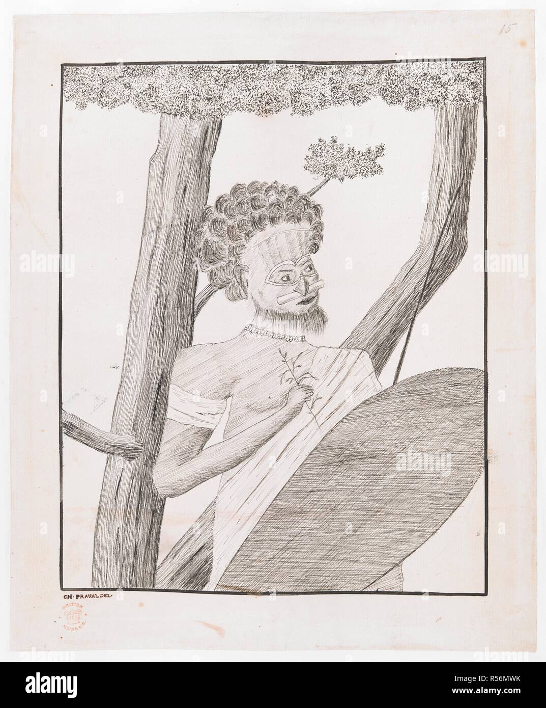 A portrait of an Australian Aborigine. It appears to be a copy of a lost drawing, probably by Sydney Parkinson, made at the Endeavour River, circa December 1770-January 1771. DRAWINGS, in Indian ink, illustrative of Capt. Cook's first voyage, 1768 -1770, chiefly relating to Otaheite and New Zealand, by A. Buchan, John F. Miller, and others. circa 1770-1771. Dimensions: 267 x 216. Source: Add. 15508, f.13, no.15. Language: English. Author: PRAVAL, CHARLES. Stock Photo