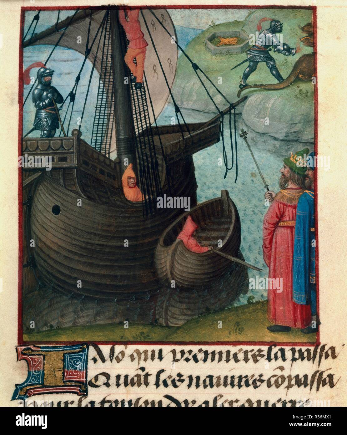 Jason and the Argo. Roman de la Rose. S. Netherlands (Bruges), circa 1490-1500. (Miniature only) : Jason takes the Golden Fleece; his ship the Argo in foreground with spectators  Image taken from Roman de la Rose.  Originally published/produced in S. Netherlands (Bruges), circa 1490-1500. . Source: Harley 4425, f.86. Language: French. Author: LORRIS, GUILLAUME DE. MEUN, JEAN DE. Master of the Prayer Books. Stock Photo