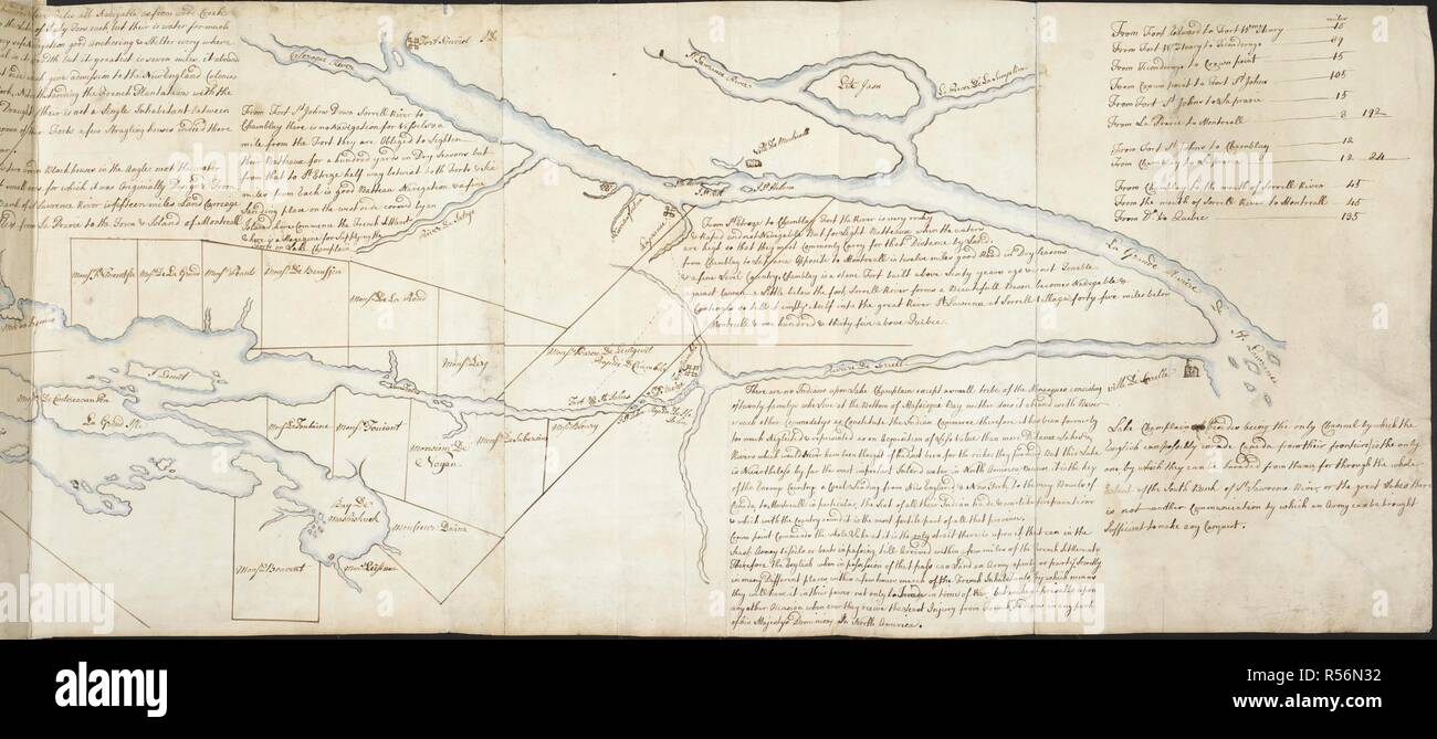 A sketch plan of  Lake Champlain and Lake George with notes. A 'French draught of Lake Champlain and Lake George; with the remarks of an English prisoner, who returned from Quebec to Fort Edward on Hudson's River, by the river St. Lawrence, river Sorrelle, and these Lakes, touched at Fort Chamblay, Fort St. Johns, Crown Point, and Ticonderogo;' drawn on a scale of 3 English miles to an inch; with a plan of Fort Frederic, on Lake Champlain, on a scale of 60 feet to an inch. ca. 1755-1759. Ms. 5 f. 10 in. x 1 f. 4 in.; 178 x 41 cm.; Scale 1: 190 080. 3 English miles to an inch. Source: Maps.K.To Stock Photo