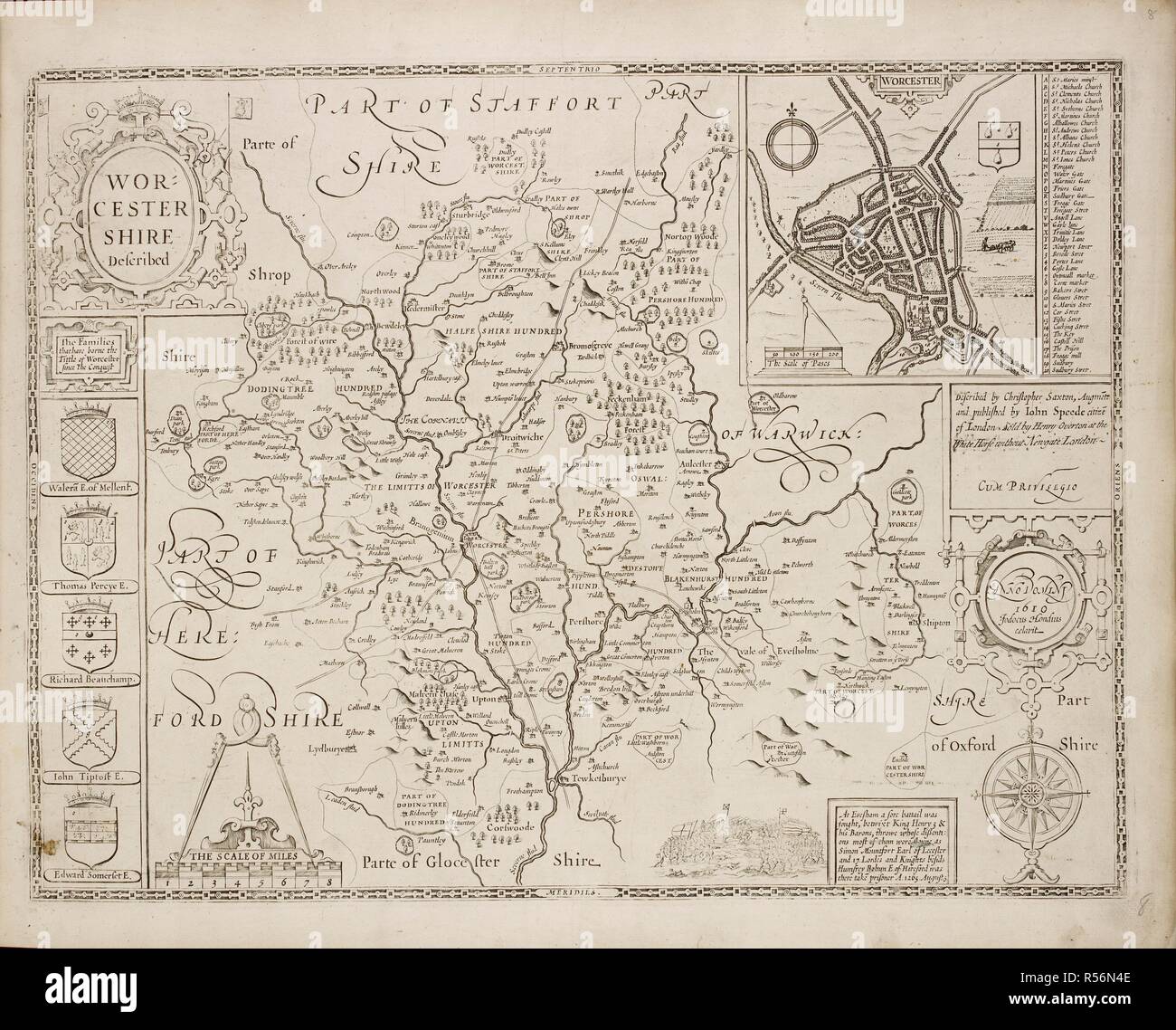 A map of the county of Worcestershire. Coats of arms and topographical information. . A collection of 37 Maps of the counties of England. London. H. Overton, 1714. A collection of 37 Maps of the counties of England, being reprints, of J. Speedâ€™s maps, by Henry Overton, together with those of P. Stent reprinted by John Overton, and maps of Derbyshire and Yorkshire engraved by S. Nicholls. Source: Maps.145.c.9 8. Language: English. Stock Photo
