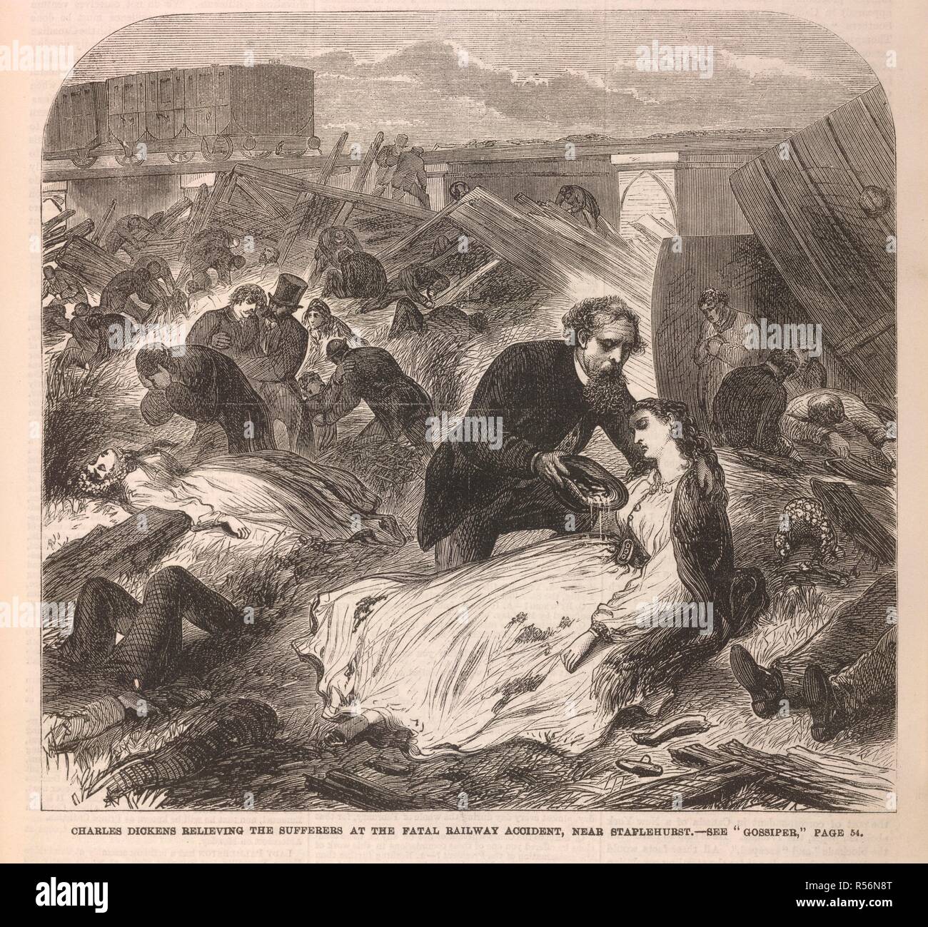 Charles Dickens relieving the sufferers at the fatal railway accident, near Staplehurst'. The Staplehurst rail crash was a derailment at Staplehurst, Kent on 9 June 1865 at 3:13 pm. The South Eastern Railway Folkestone to London boat train derailed while crossing a viaduct where a length of track had been removed during engineering works, killing ten passengers and injuring forty. Charles Dickens was travelling with Ellen Ternan and her mother on the train; they all survived the derailment. He tended the victims, some of whom died while he was with them. The experience affected Dickens greatly Stock Photo