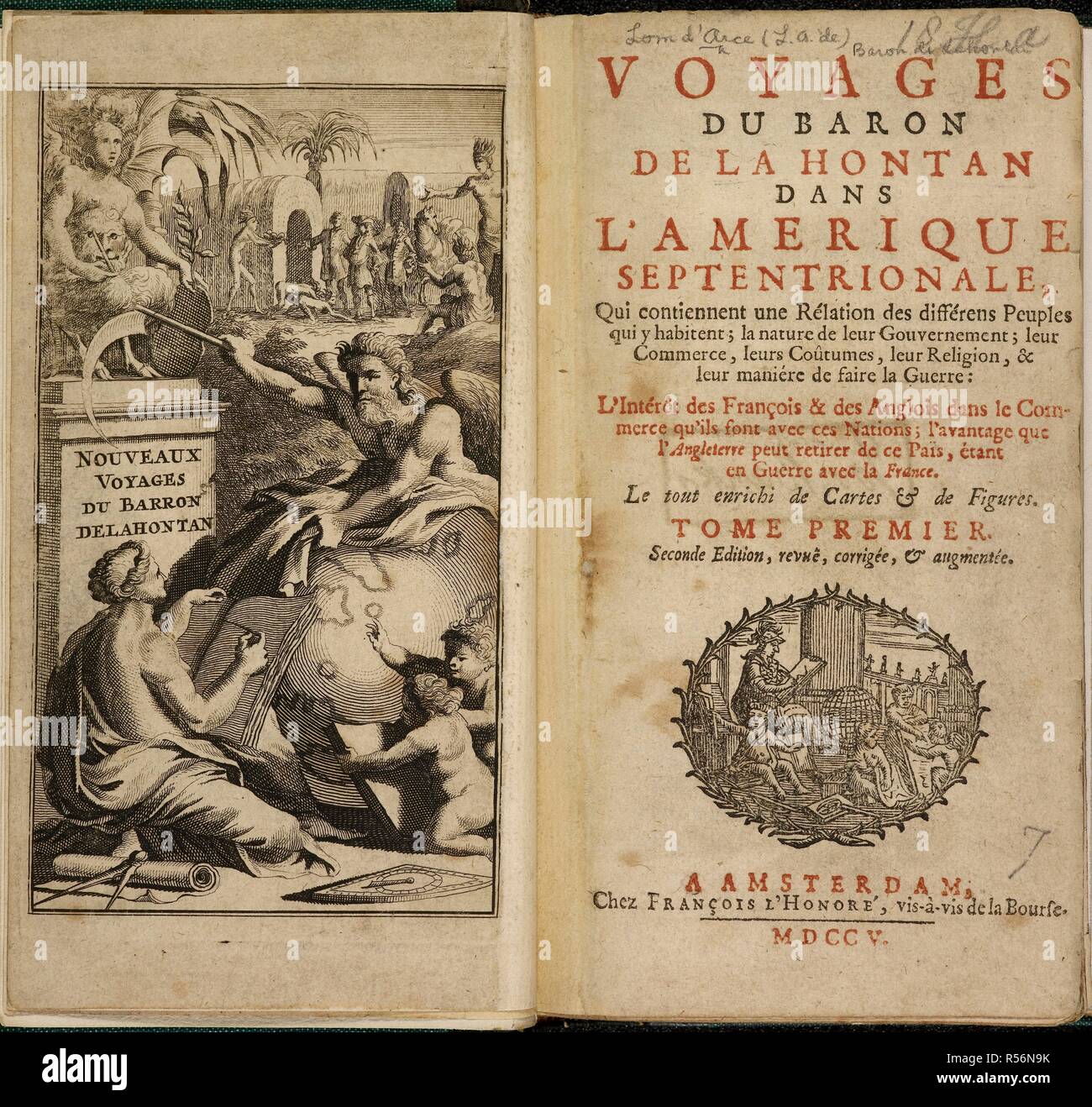 Illustrated frontispiece with symbolic imagery, and in the background, Europeans can be seen encountering native American people. Louis Armand, Baron de Lahontan (9 June 1666 â€“ prior to 1716) served in the French military in Canada where he traveled extensively in the Wisconsin and Minnesota region and the upper Mississippi Valley. Voyages du Baron De La Hontan dans lâ€™AmeÌrique septentrionale ... Amsterdam, 1705. Source: 979.a.24,25 frontispiece & Title page. Language: French. Author: Lom D'Arce, Louis Armand de, Baron de Lahontan. Stock Photo