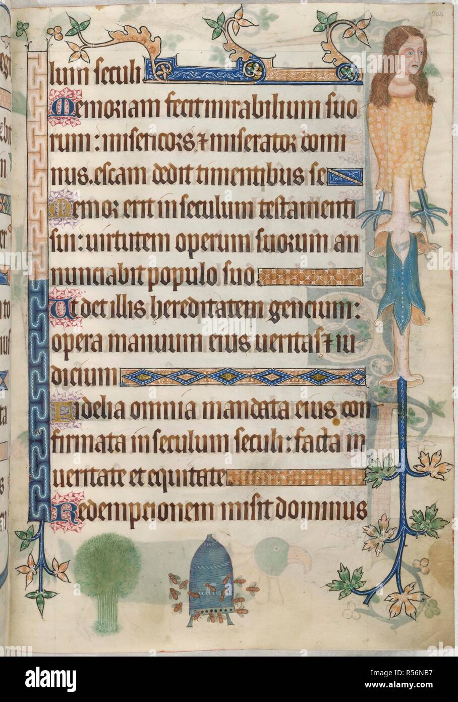 Beehive with bees. Luttrell Psalter. England [East Anglia]; circa  1325-1335. [Whole folio] Psalm 110. Decorated borders, with female  grotesque. Lower margin; a tree or clump of trees, and a beehive with  fifteen
