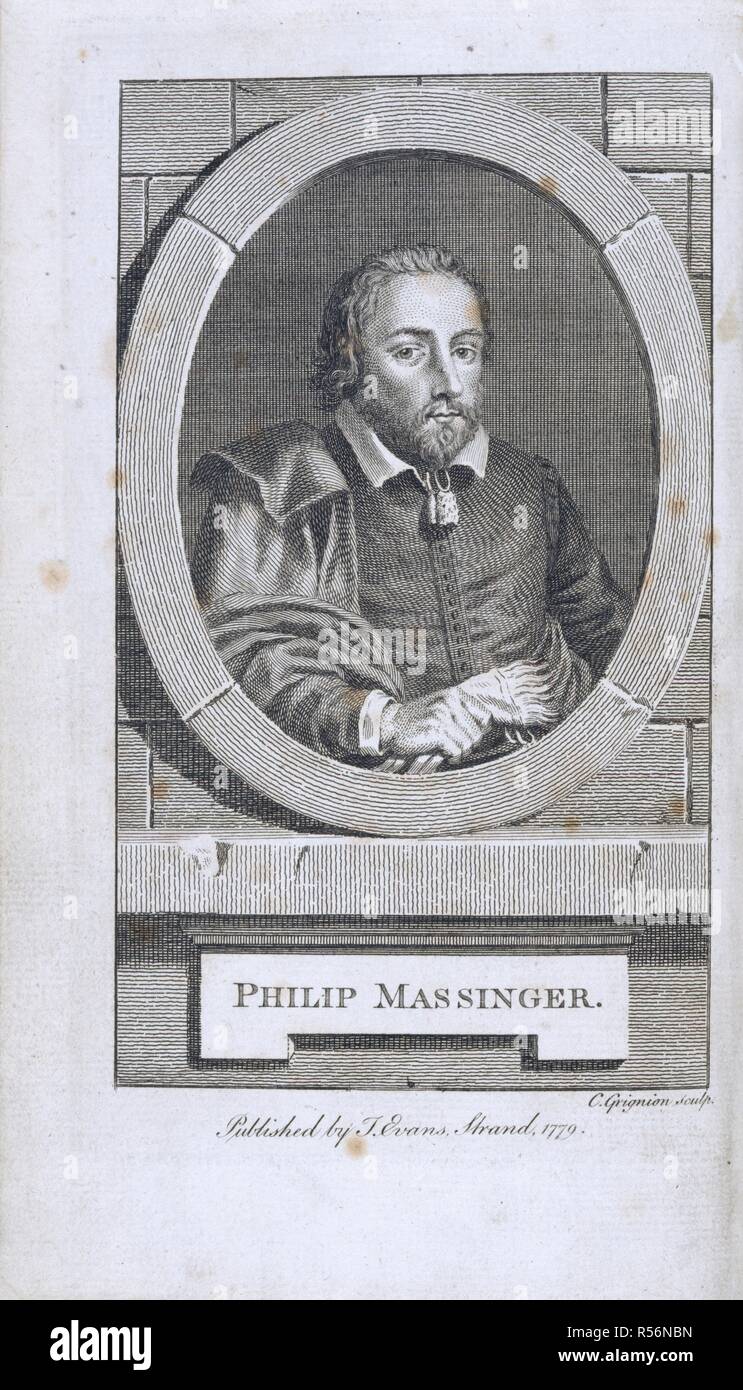 Philip Massinger. The Dramatick Works of Philip Massinger ... Revise. London, 1779. Philip Massinger (1583-1640). English dramatist. Portrait.  Image taken from The Dramatick Works of Philip Massinger Revised and correted, with notes critical and explanatory, by J. M. Mason. To which are added, Remarks and Observations of various authors, Critical Reflections on the old English dramatick writers [by G Colman], and a short essay on the life and writings of Massinger [by T. Davies].  Originally published/produced in London, 1779. . Source: 682.b.18, frontispiece. Language: English. Stock Photo