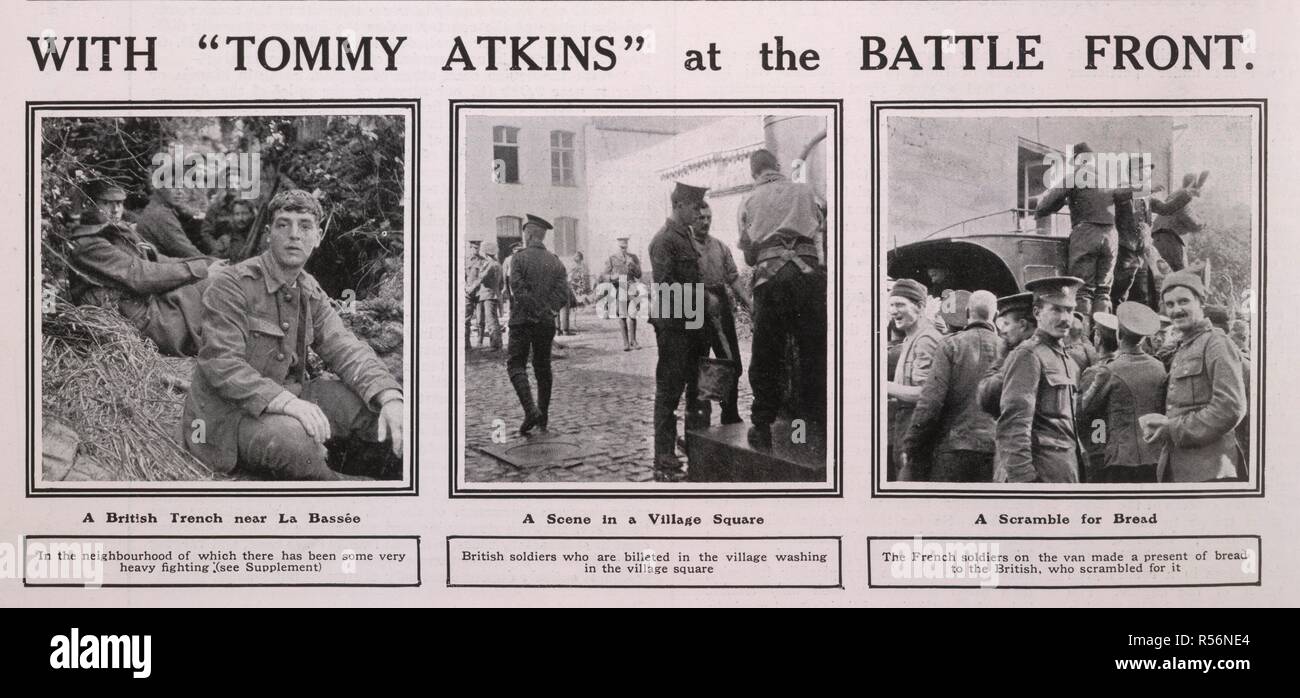 With 'Tommy Atkins' at the battle front. 'A British trench near La BassÃ©e.' 'A scene in a village square: British soldiers who are billeted in the village washing in the village square.' 'A scamble for bread': 'The French soldiers on the van made a present of bread to the British, who scrambled for it.' Photographs of the First World War. The Sphere. London, 12 December 1914. Source: The Sphere, page 260. Stock Photo