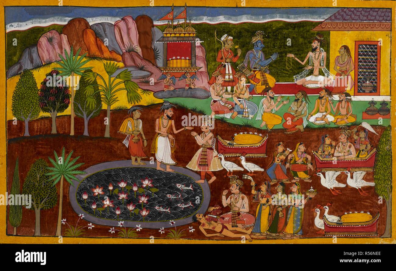The top of the folio shows Agastya presenting Rama with a jewel of divine origin, wrought by the god Visvakarma. The bottom section tells the story of Agastya's acquisition of the jewel. Ramayana. Udaipur, 1653.    . Source: Add. 15297(2), f.95. Language: Sanskrit. Stock Photo