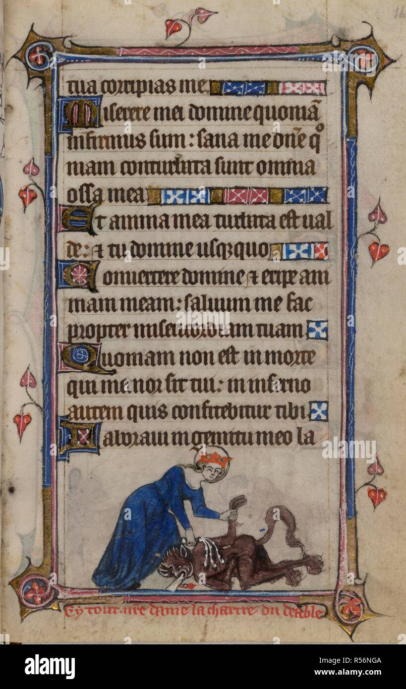 Bas-de-page scene of the Virgin Mary holding the devil and flogging him, while the devil vomits up Theophilusâ€™ charter, with a caption reading, â€˜Cy tout n[ost]re dame la charter du deableâ€™ . Book of Hours, Use of Sarum ('The Taymouth Hours'). England, S. E.? (London?); 2nd quarter of the 14th century. Source: Yates Thompson 13, f.160. Language: Latin and French. Stock Photo