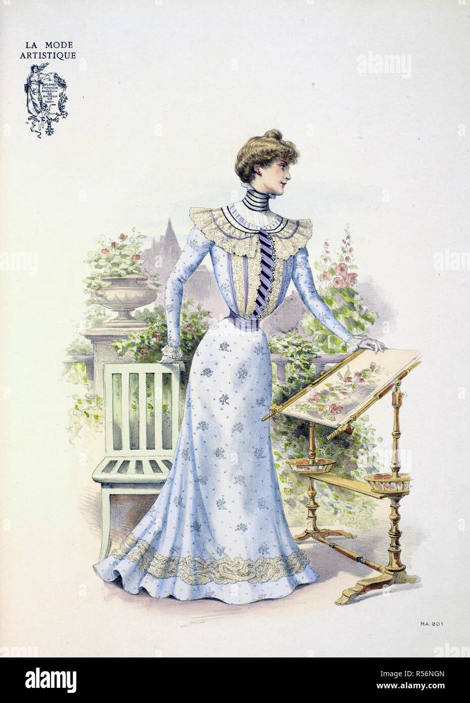 Design by Paquin. A gown created for Mlle. Delcaze. This is of pale blue  muslin embroidered in white, the foot of the skirt trimmed with an  interlaced insertion of Valenciennes. The blouse
