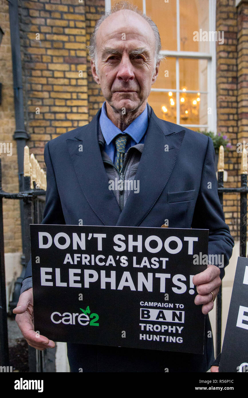 A protest and delivery of a 250,000-strong petition to the Botswana High Commission in London. Sir Ranulph Fiennes, Bill Oddie, Peter Egan, Carol Royle, a cross-party group of MPs with inflatable elephant bearing the slogan “Don't Shoot Africa's Last Elephants”.  Featuring: Sir Ranulph Fiennes Where: London, United Kingdom When: 29 Oct 2018 Credit: Wheatley/WENN Stock Photo