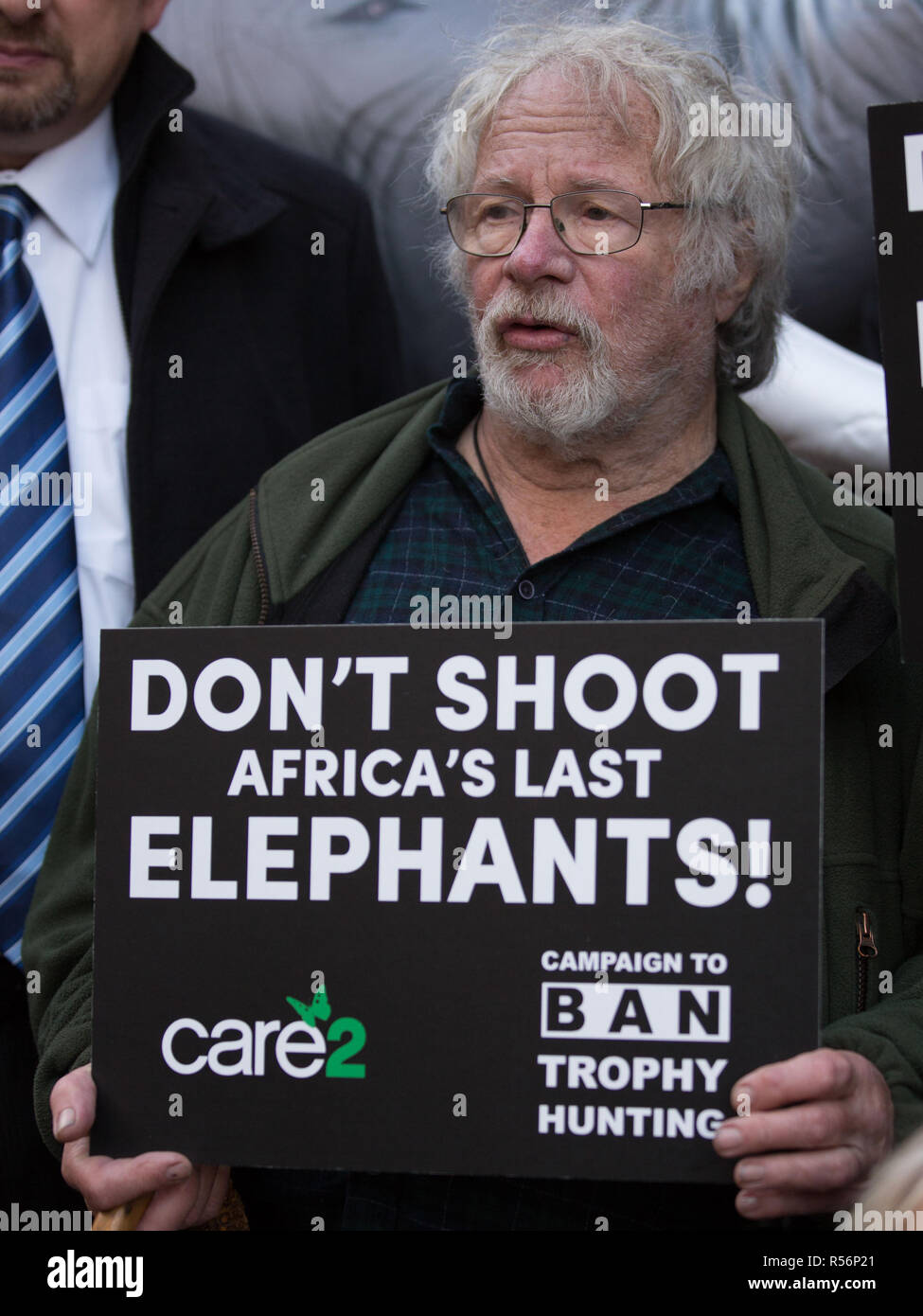 A protest and delivery of a 250,000-strong petition to the Botswana High Commission in London. Sir Ranulph Fiennes, Bill Oddie, Peter Egan, Carol Royle, a cross-party group of MPs with inflatable elephant bearing the slogan “Don't Shoot Africa's Last Elephants”.  Featuring: Bill Oddie Where: London, United Kingdom When: 29 Oct 2018 Credit: Wheatley/WENN Stock Photo