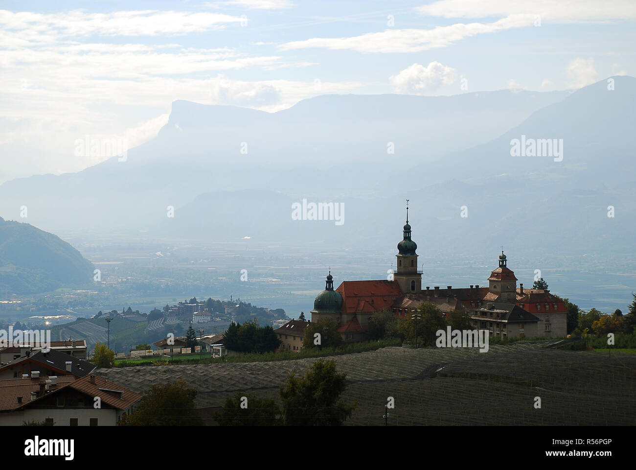 Johanneum (Tirol, Italy, German: Dorf Tirol). The Johanneum was a bishop's convent in Bolzano, Meran and Dorf Tirol. In the distance the Etschtal (Val Stock Photo