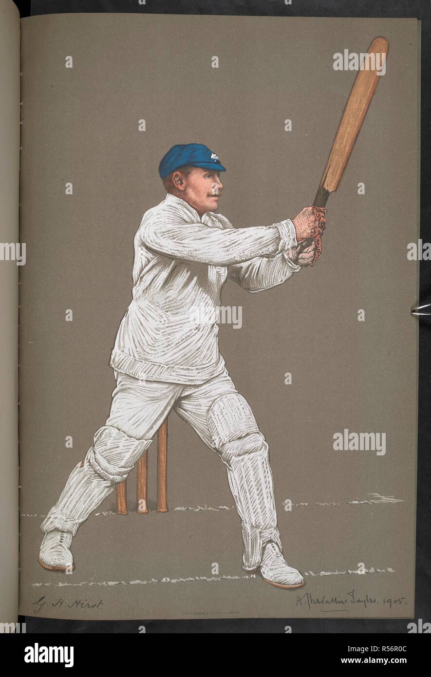 G. H. Hirst, Yorkshire. George Herbert Hirst (1871-1954) was a professional English cricketer who played first-class cricket for Yorkshire County Cricket Club between 1891 and 1921, with a further appearance in 1929. The Empire's Cricketers. From original drawings by A. Chevallier Tayler. With biographical sketches by G. W. Beldam. Season 1905 [48 plates with descriptive text.]. [London] : The Fine Art Society, Ltd. 148 New Bond Street, W., [1905]. Source: C.194.c.87, plate 23. Language: English. Stock Photo