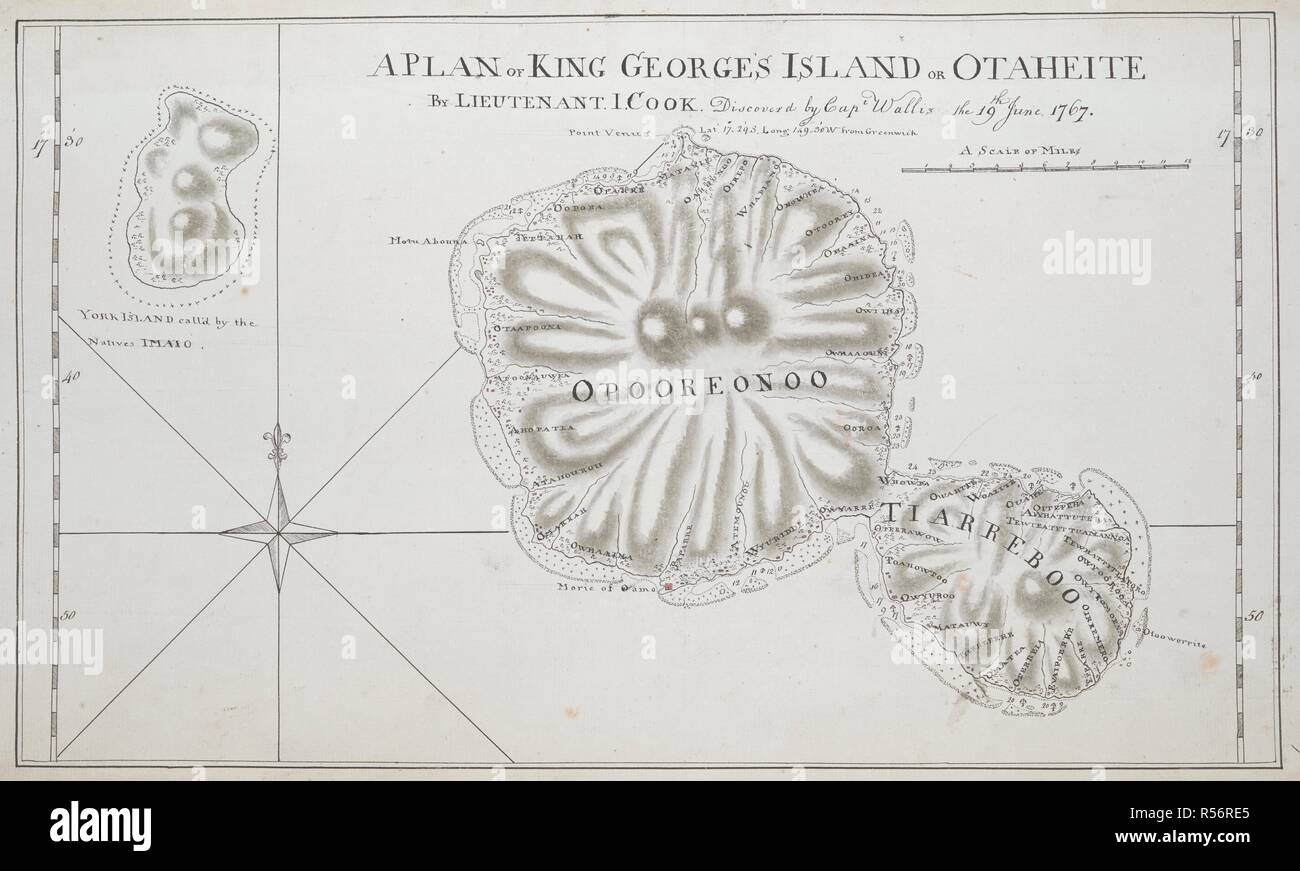 A Plan of King Georges Island or Otaheite by Lieutenant J. Cook. Charts, Plans, Views, and Drawings taken on board the Endeavour during Captain Cook's First Voyage, 1768-1771. 1768-1771. Source: Add. 7085, No.7. Language: English. Stock Photo