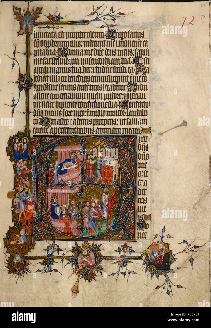Historiated initial 'D'(ixit) at the beginning of Psalm 109: David and Abisag (I Kings 1:3), Adonias making a sacrifice (I Kings 1:9), Bathsheba and Nathan telling David of Abishai (I Kings 1:22), Solomon on Davidâ€™s mule (I Kings 1:38) and men climbing a ladder towards God the father and God the son in the border. Psalter, Use of Sarum ('The Bohun Psalter and Hours'), imperfect. England (S. E., London?); 2nd half of the 14th century, after 1356, and probably before 1373. Source: Egerton 3277, f.78. Stock Photo