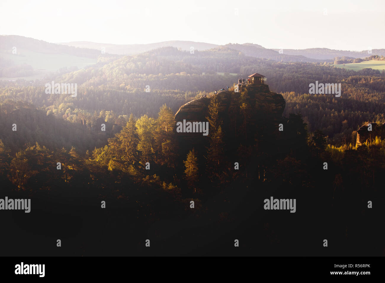 View of the Mariina Rock at sunrise. Touristy Significant Viewpoint in Bohemian Schwitzerland National Park, Czech Republic. Stock Photo